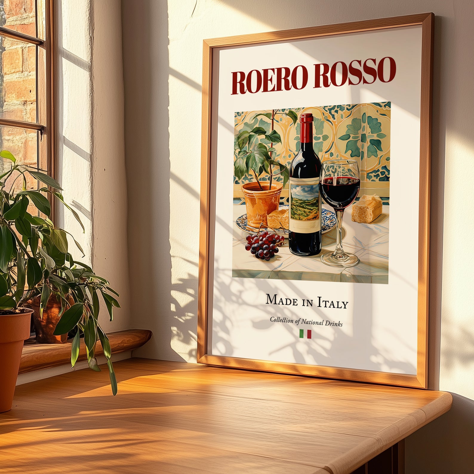 Roero Rosso – Italian Red Wine, Vineyard Terrace Poster, no-text version framed in wood