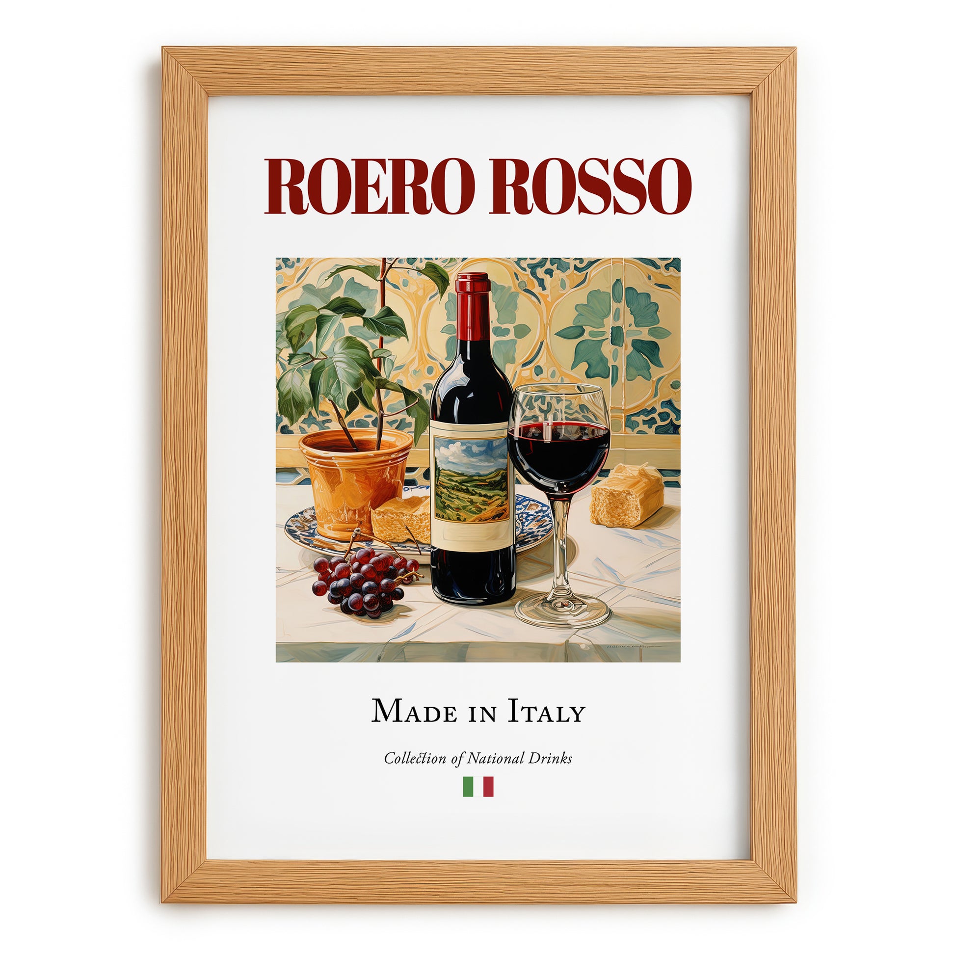Roero Rosso – Italian Red Wine, Vineyard Terrace Poster, set in oak frame
