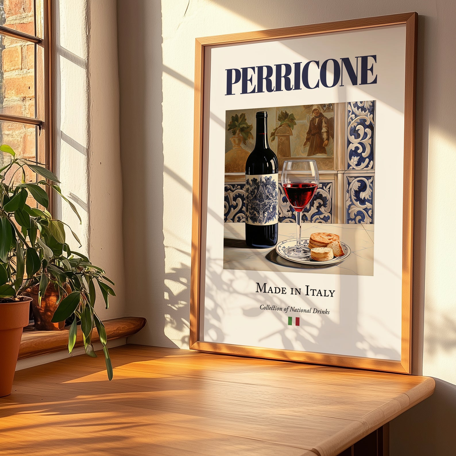 Perricone – Italian Red Wine, Tasting Room Illustration, no-text version framed in wood