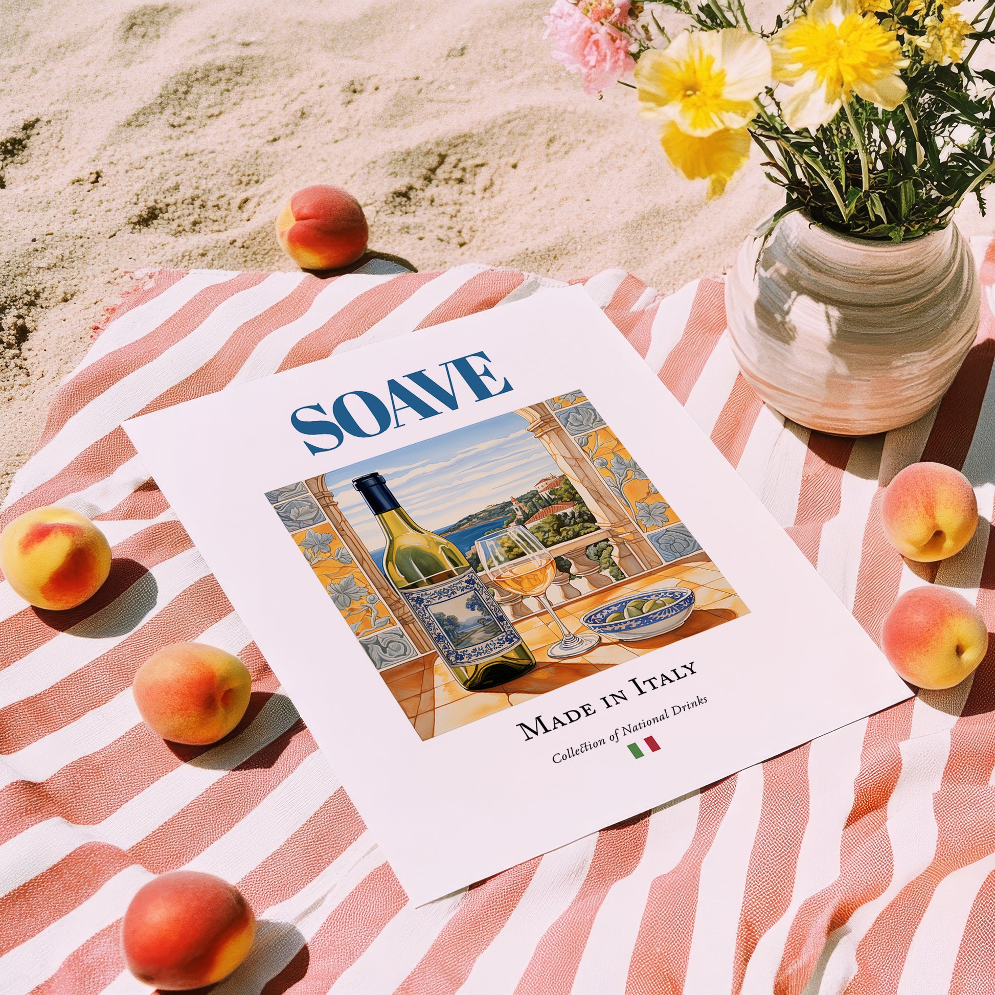 Soave – Italian White Wine, Enoteca Wall Art, unframed on coastal sand