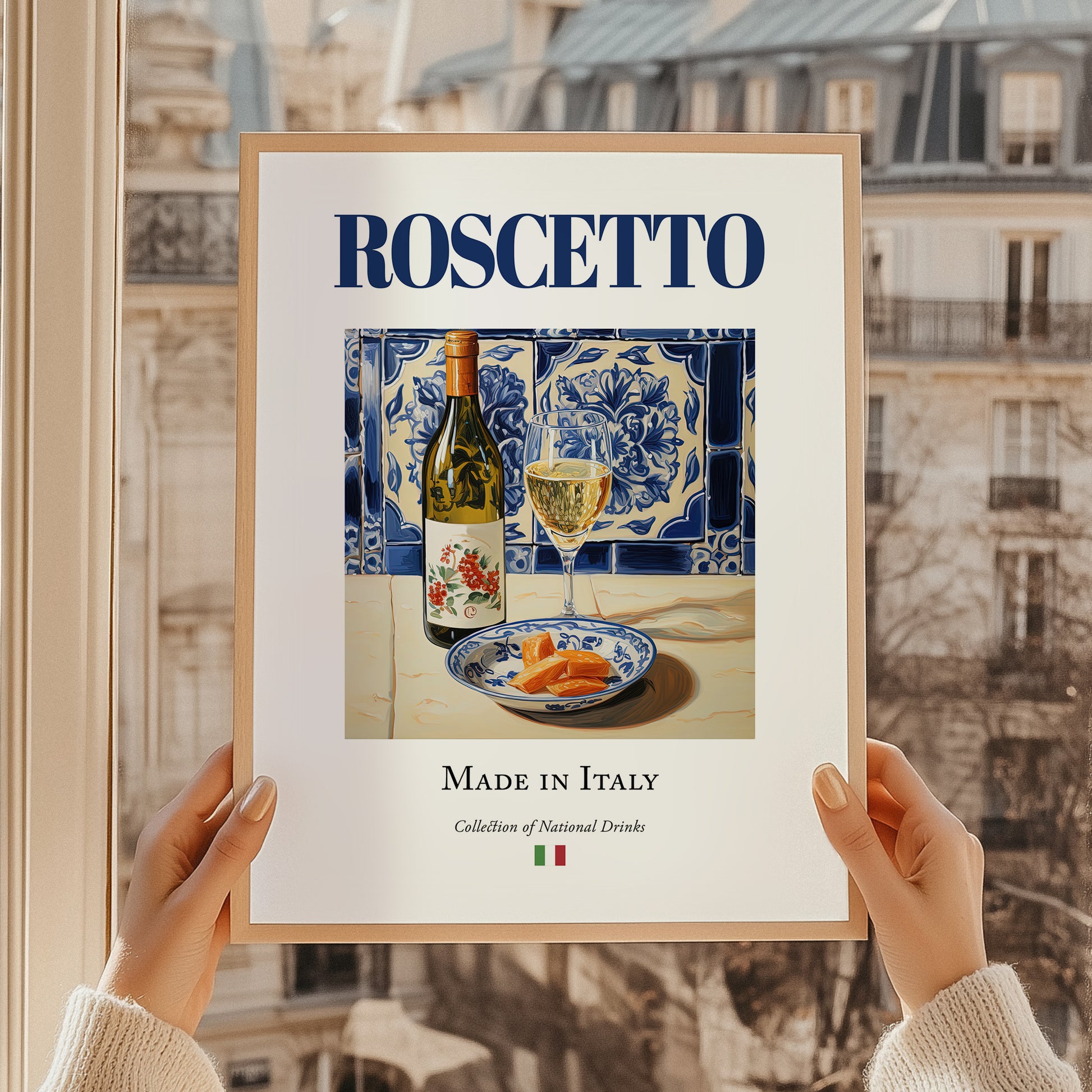 Roscetto – Italian White Wine, Vinoteca Print, styled in a charming Paris street view