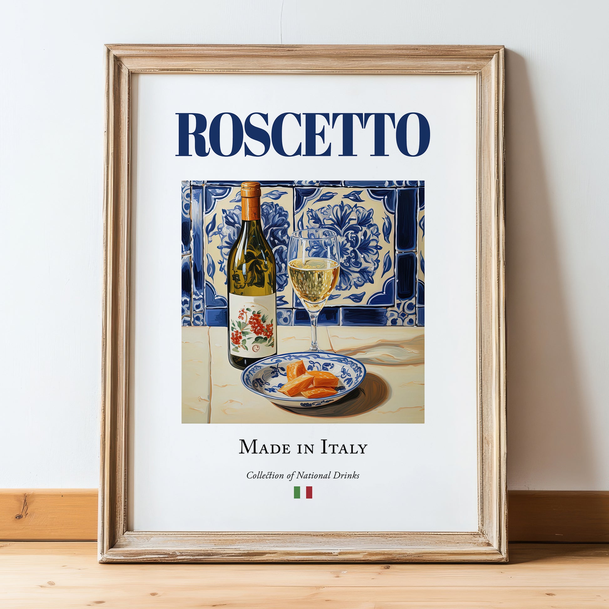 Roscetto – Italian White Wine, Vinoteca Print, in wooden frame leaning on the floor