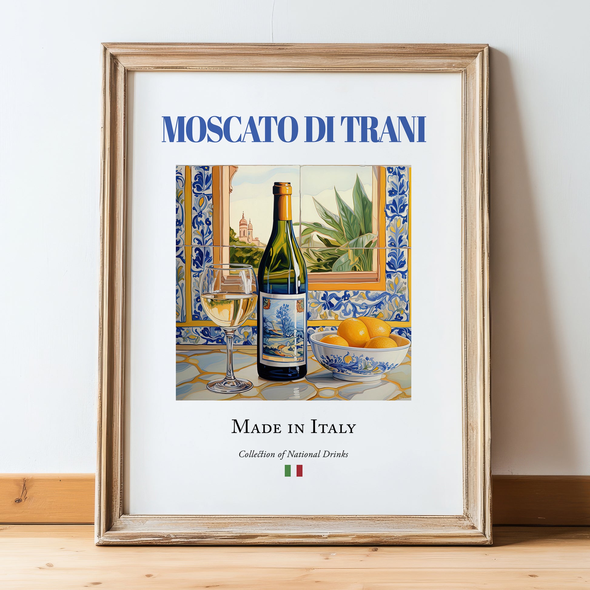 Moscato di Trani – Italian Dessert Wine, Vinoteca Illustration, in wooden frame leaning on the floor