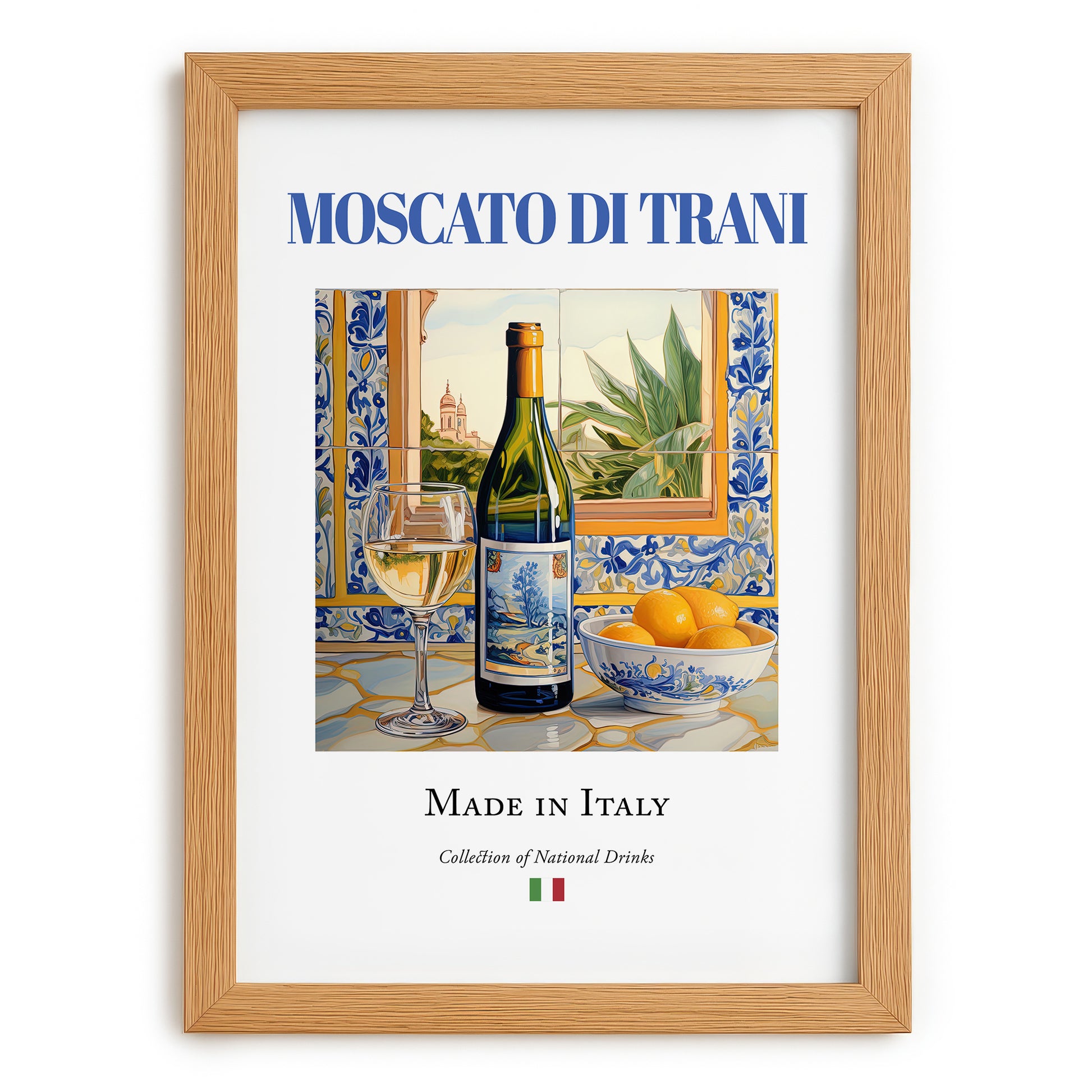 Moscato di Trani – Italian Dessert Wine, Vinoteca Illustration, set in oak frame