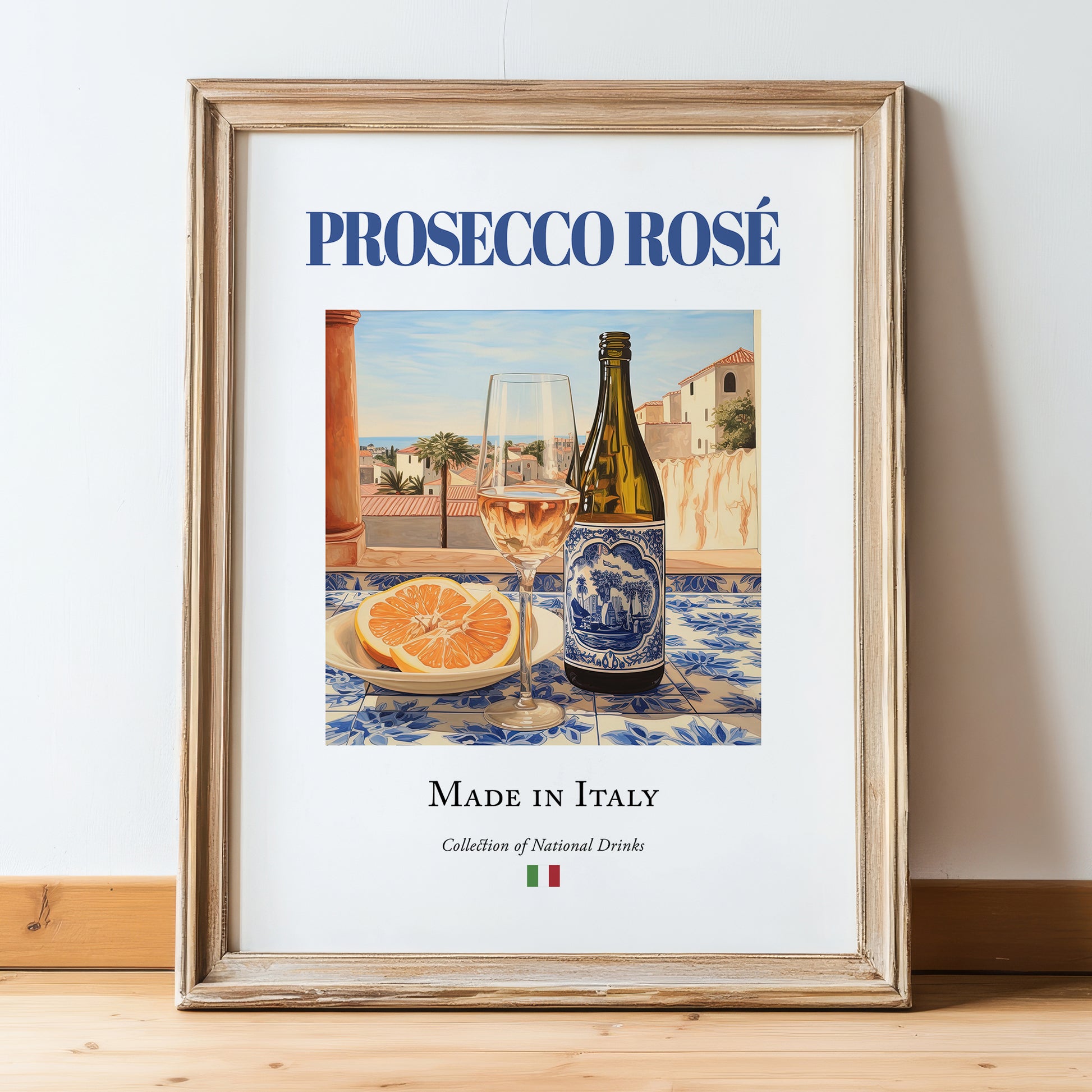 Prosecco rosé – Italian Rose Wine, Vinoteca Print, in wooden frame leaning on the floor