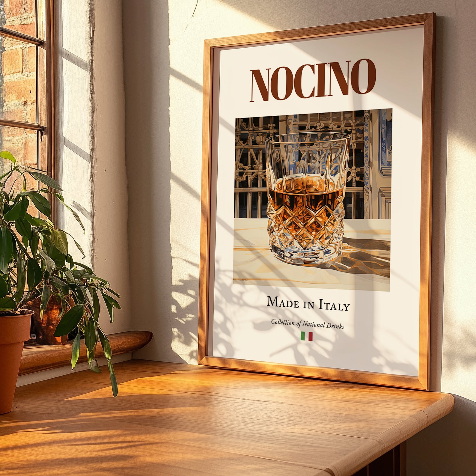 Nocino – Italian Liqueur Drink, Speakeasy Still Life, no-text version framed in wood