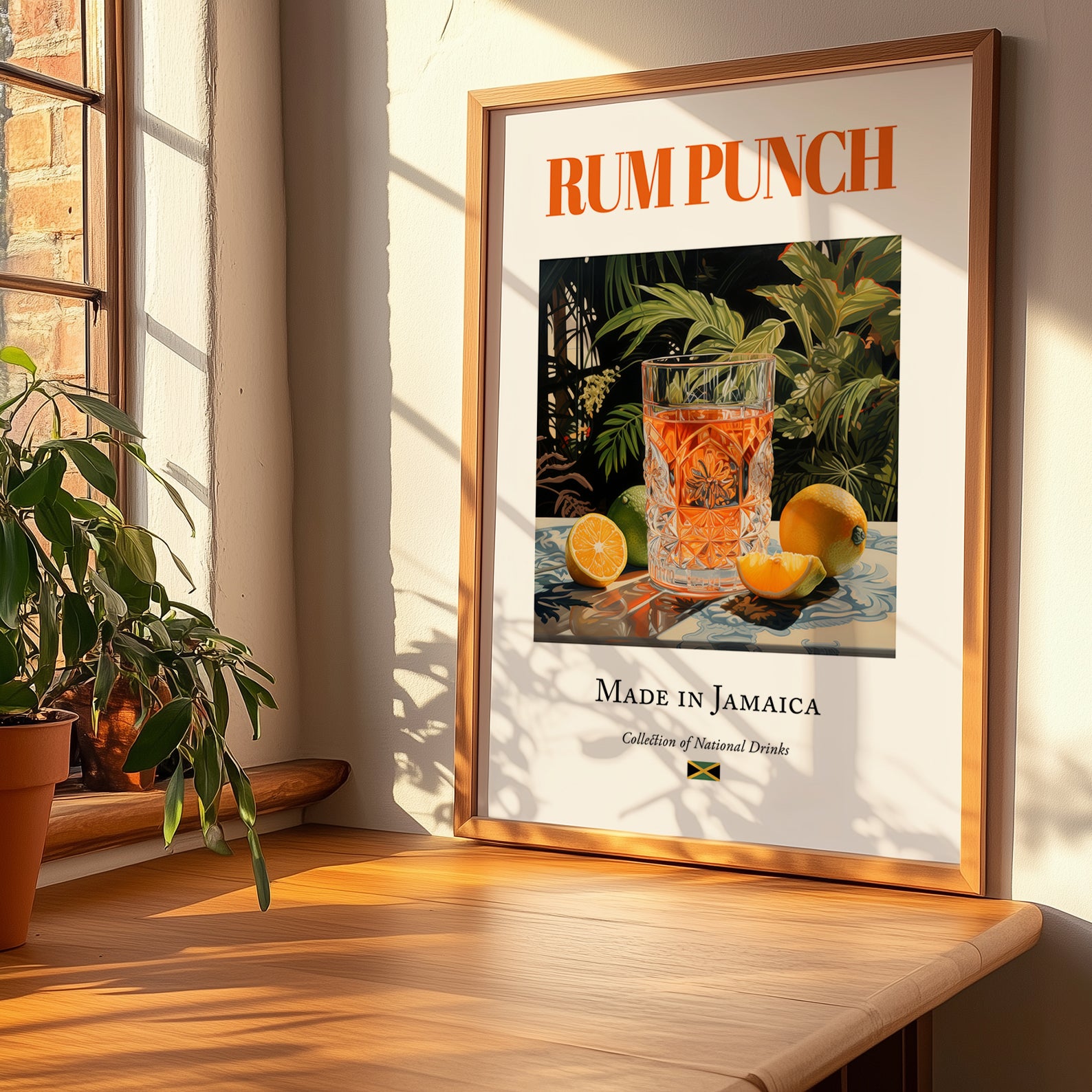 Rum Punch – Jamaican Cocktail Drink, Rooftop Terrace Wall Decor, no-text version framed in wood