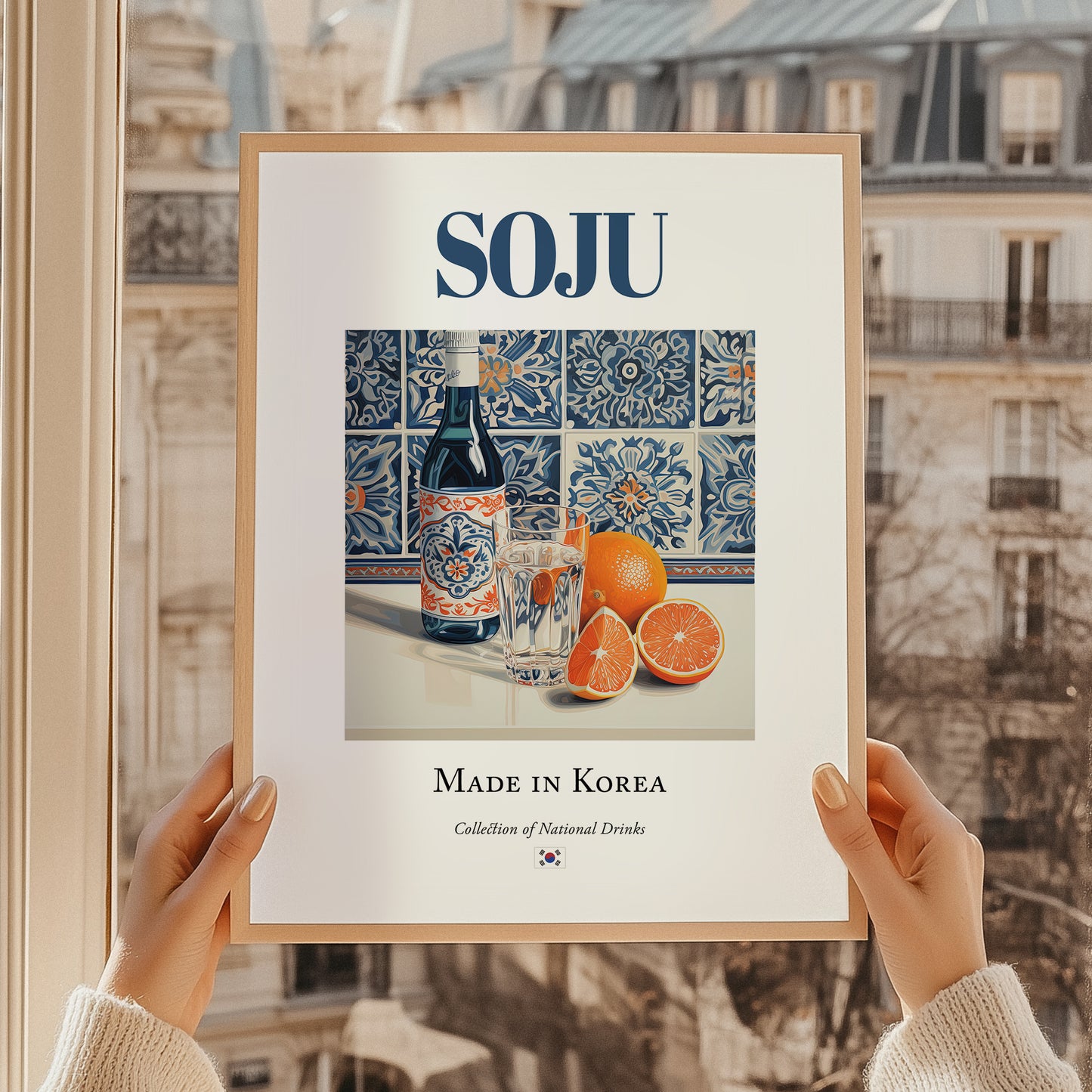 Soju – Korean Spirit Drink, Beach Bar Poster, styled in a charming Paris street view