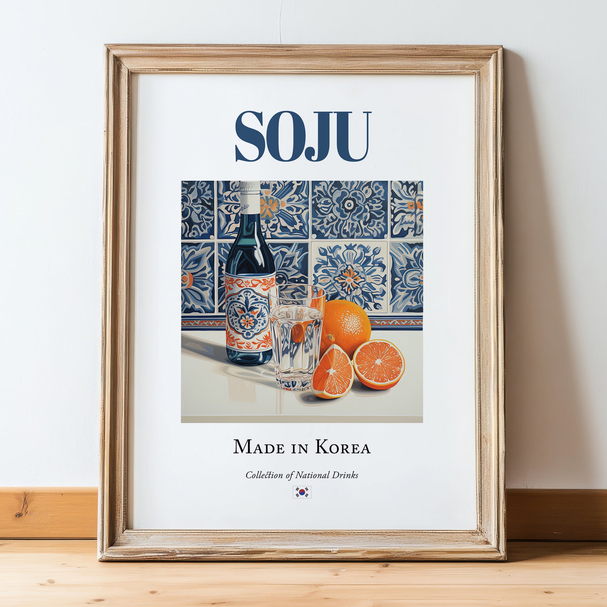 Soju – Korean Spirit Drink, Beach Bar Poster, in wooden frame leaning on the floor