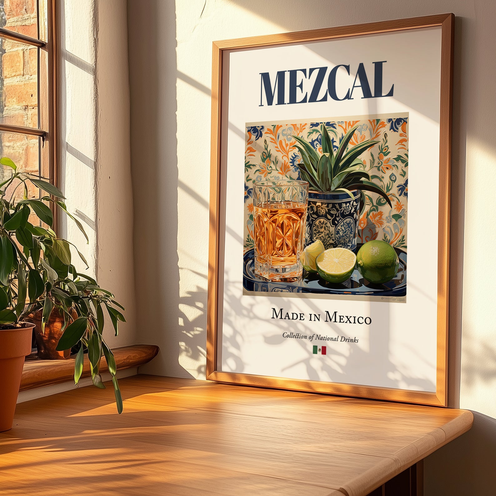 Mezcal – Mexican Spirit Drink, Cocktail Lounge Wall Art, no-text version framed in wood