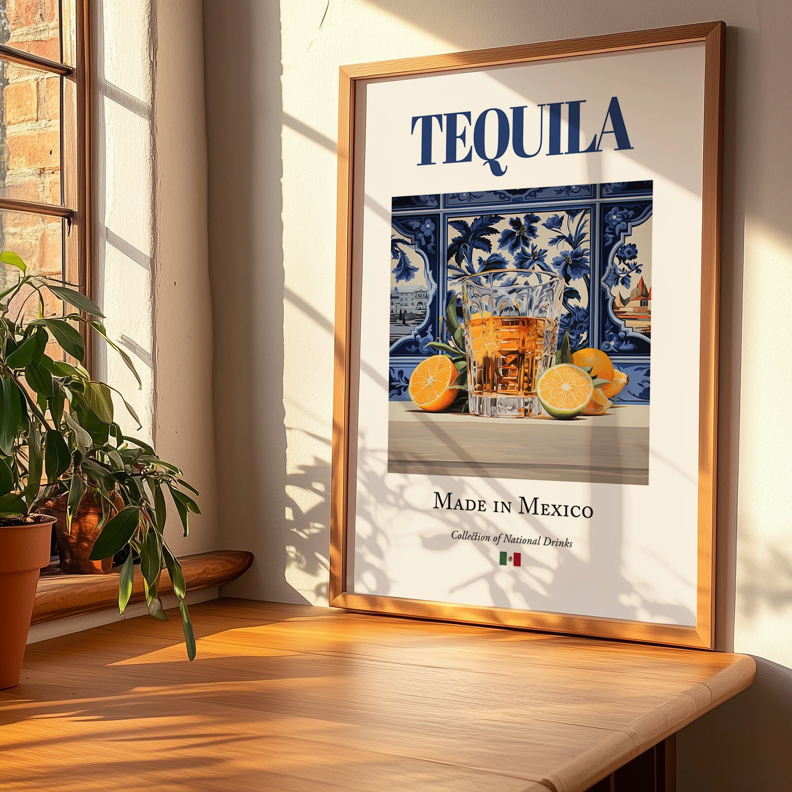 Tequila – Mexican Spirit Drink, Rooftop Terrace Poster, no-text version framed in wood
