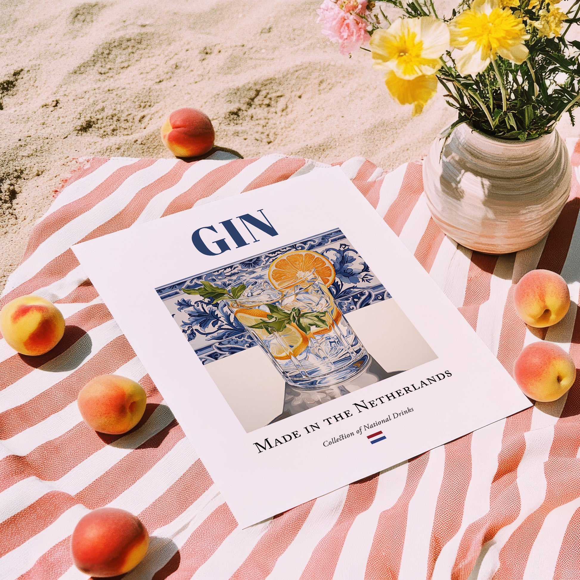 Gin – Dutch Spirit Drink, Hotel Lobby Wall Art, unframed on coastal sand