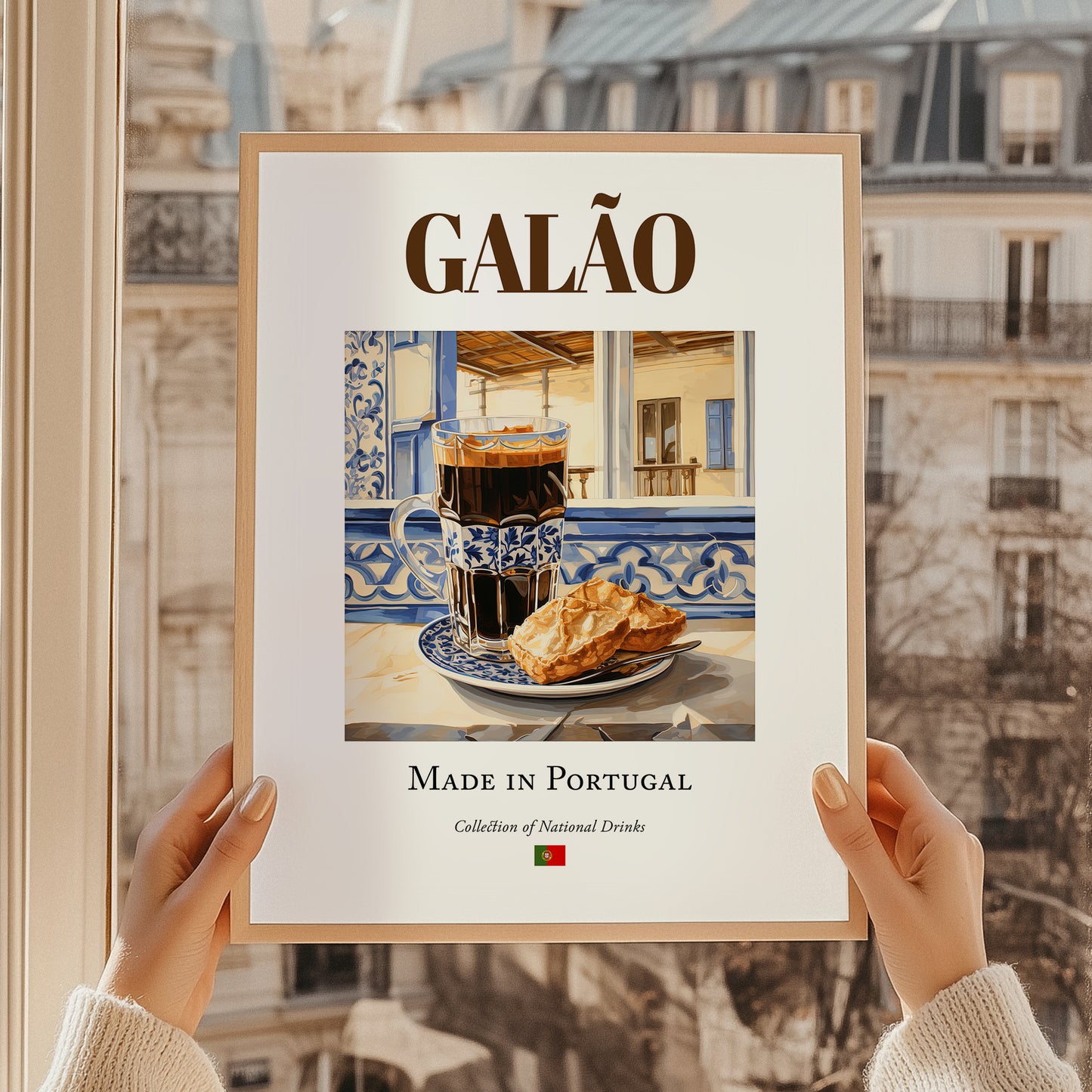 Galão – Portuguese Beverage Drink, Hotel Lobby Poster, styled in a charming Paris street view