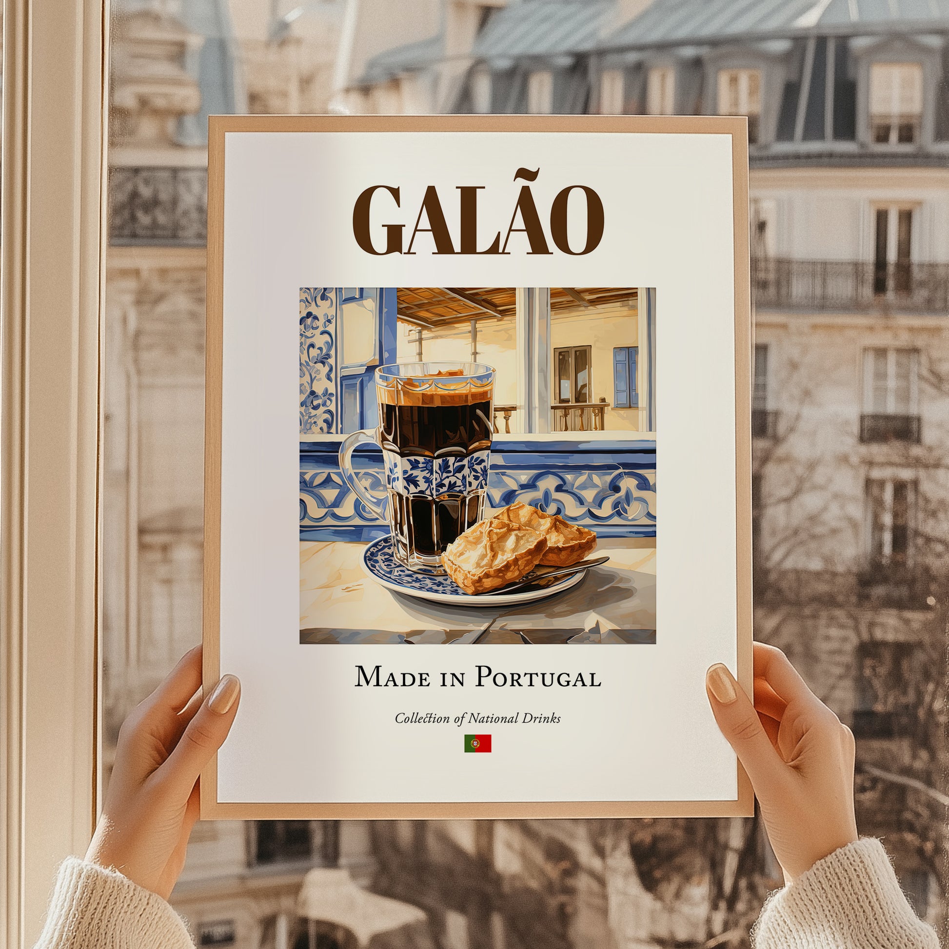 Galão – Portuguese Beverage Drink, Hotel Lobby Poster, styled in a charming Paris street view