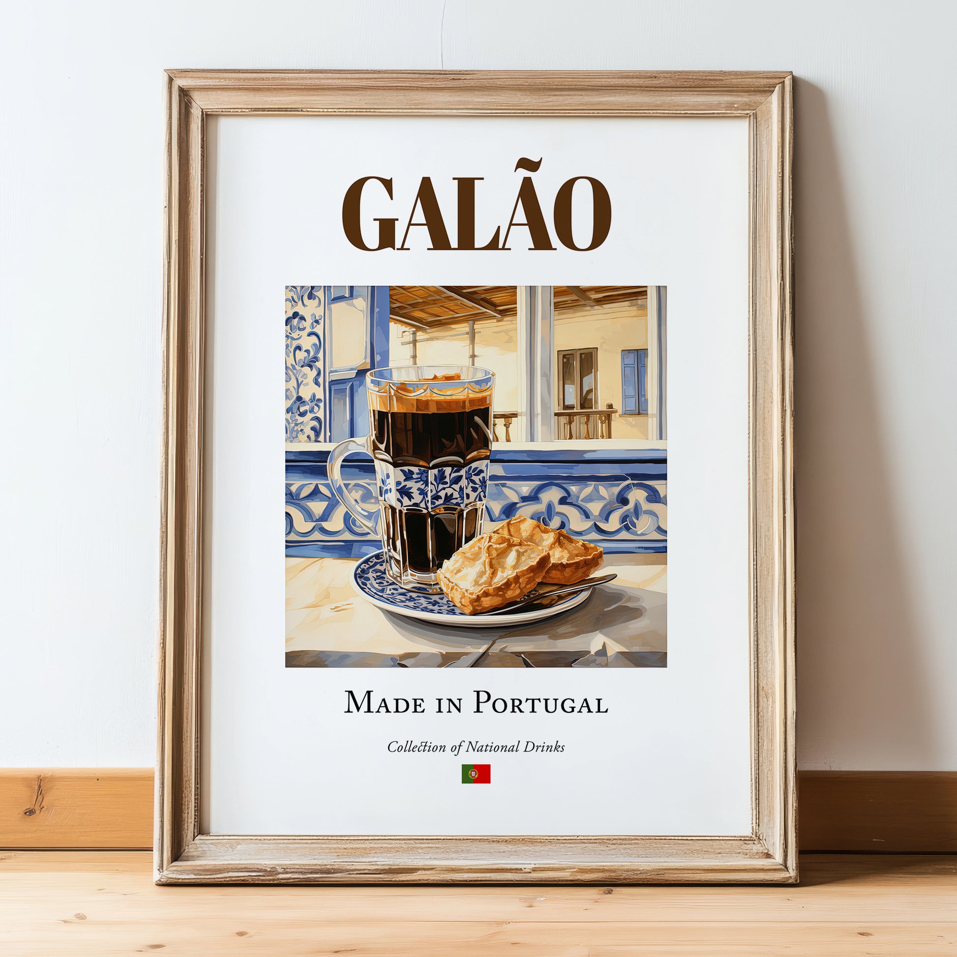 Galão – Portuguese Beverage Drink, Hotel Lobby Poster, in wooden frame leaning on the floor