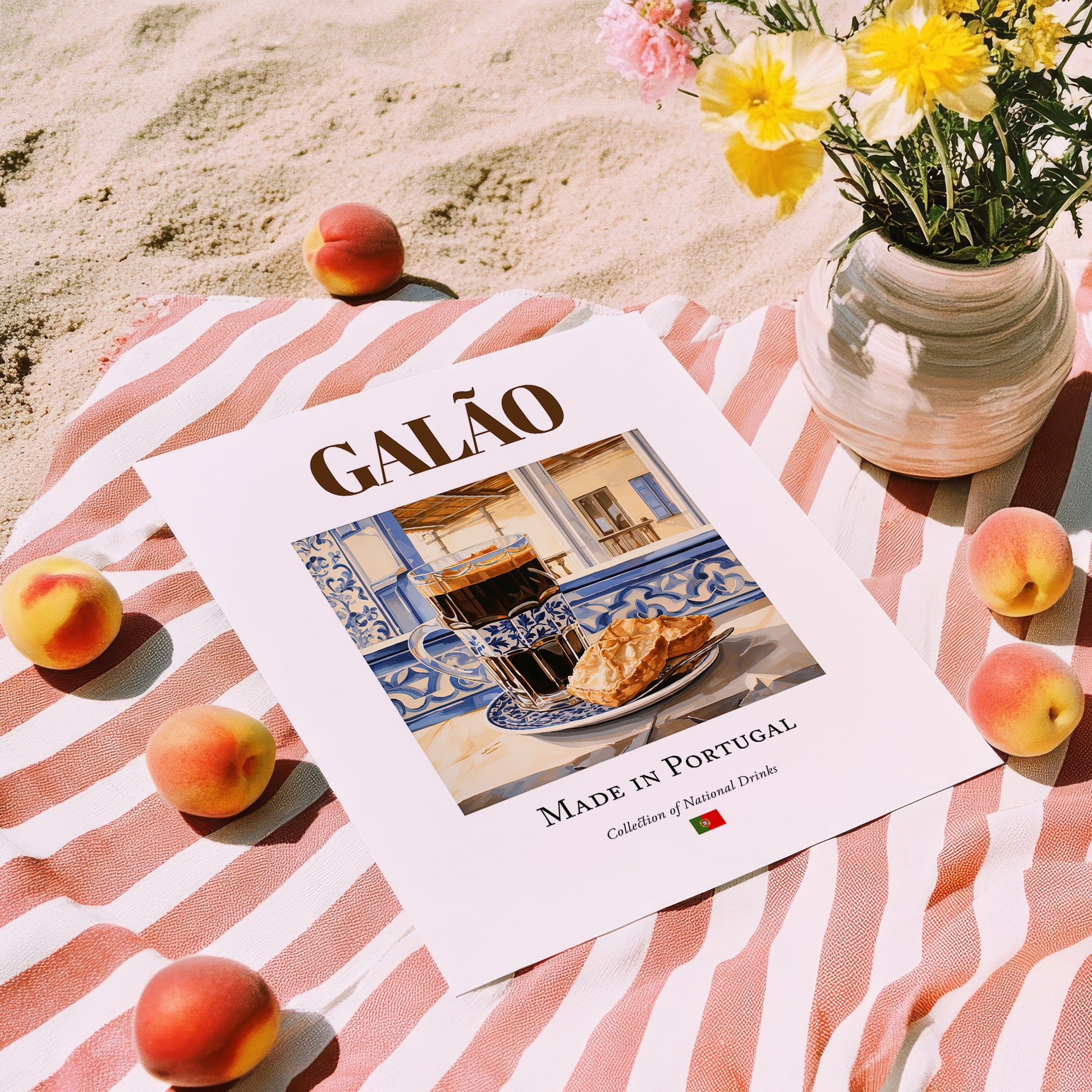 Galão – Portuguese Beverage Drink, Hotel Lobby Poster, unframed on coastal sand