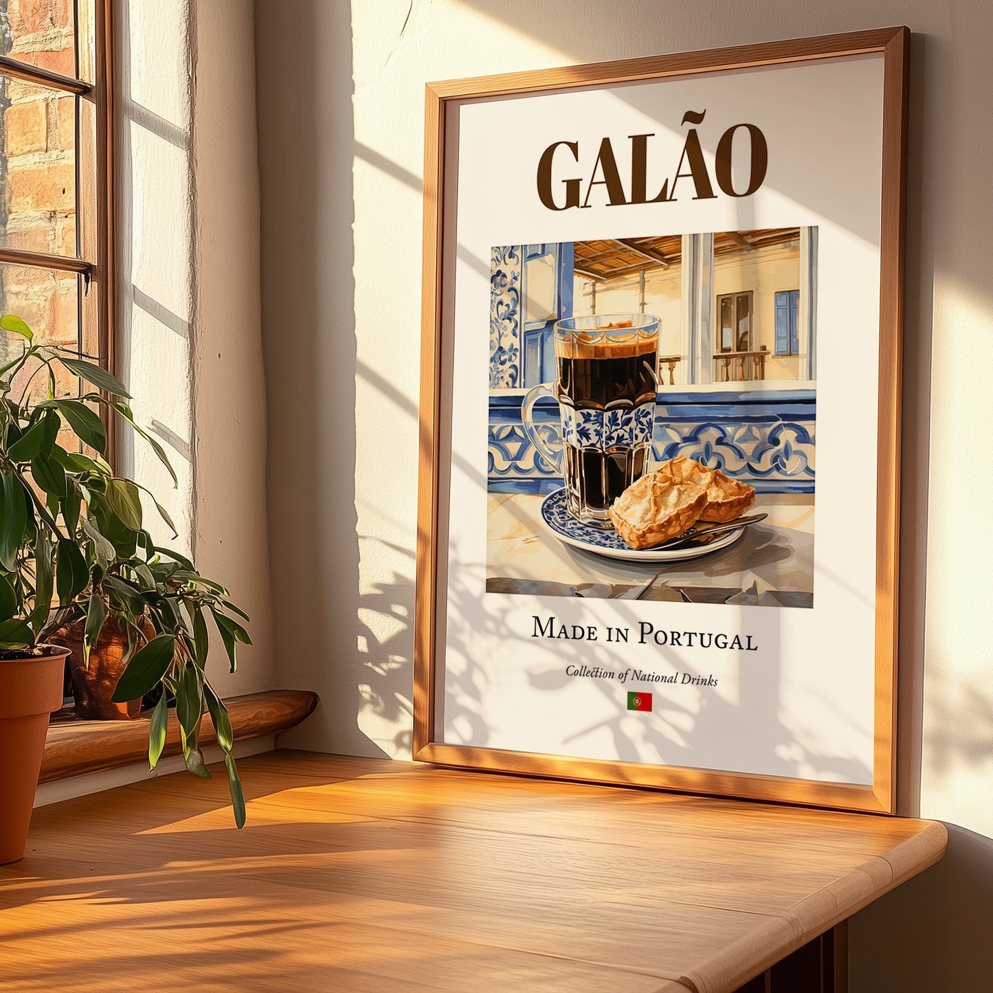 Galão – Portuguese Beverage Drink, Hotel Lobby Poster, no-text version framed in wood