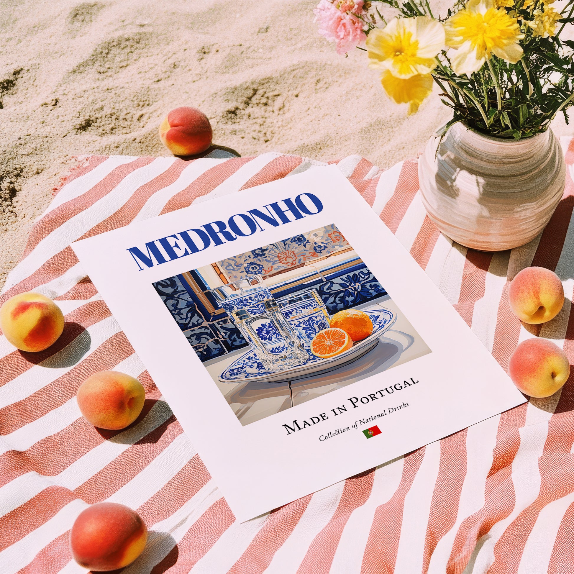 Medronho (brandy) – Portuguese Spirit Drink, Hotel Lobby Painting, unframed on coastal sand