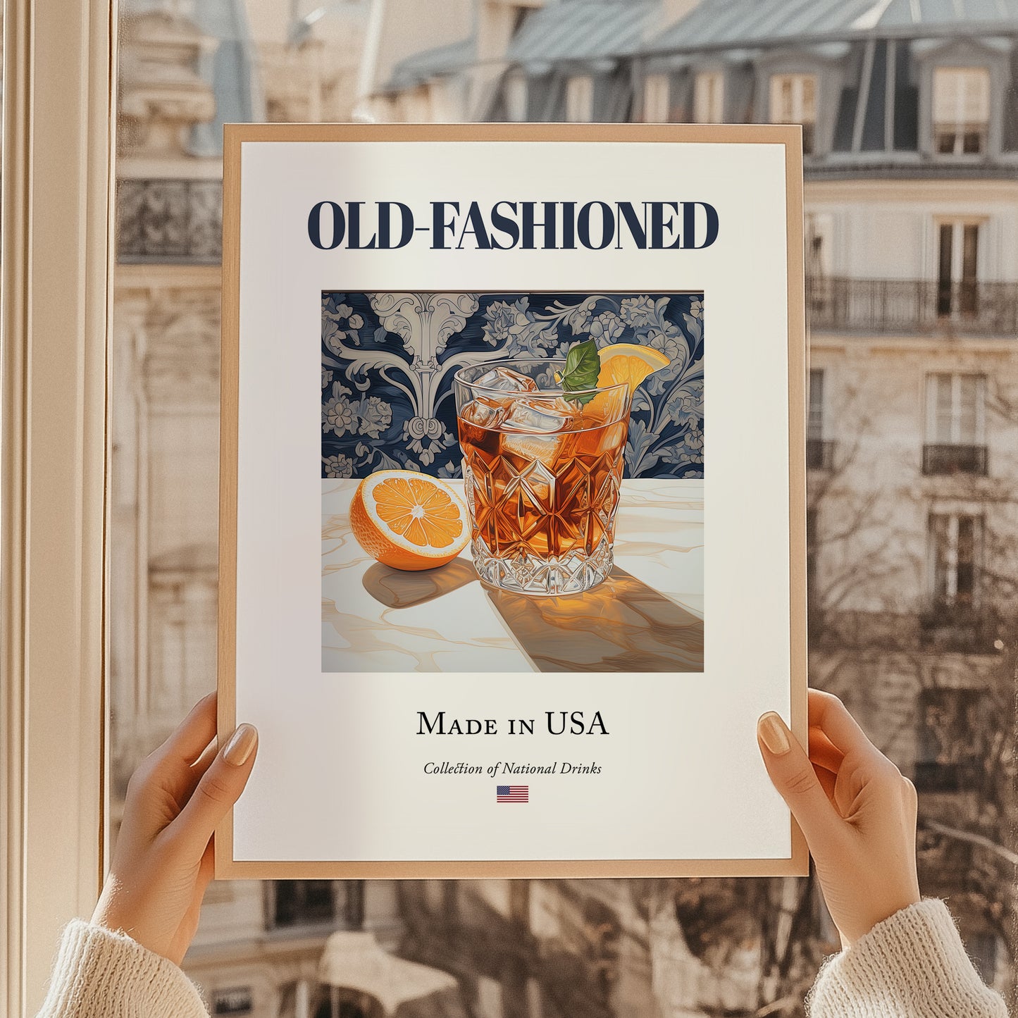 Old-Fashioned – American Cocktail Drink, Hotel Lobby Wall Art, styled in a charming Paris street view