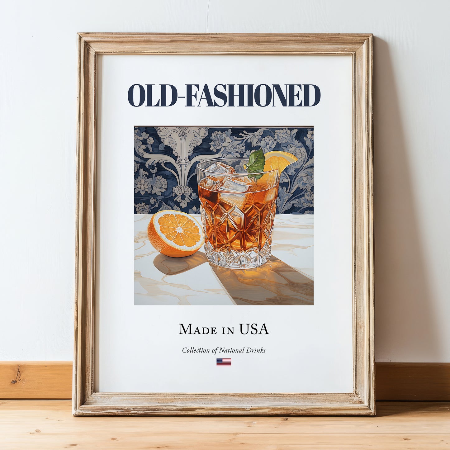 Old-Fashioned – American Cocktail Drink, Hotel Lobby Wall Art, in wooden frame leaning on the floor