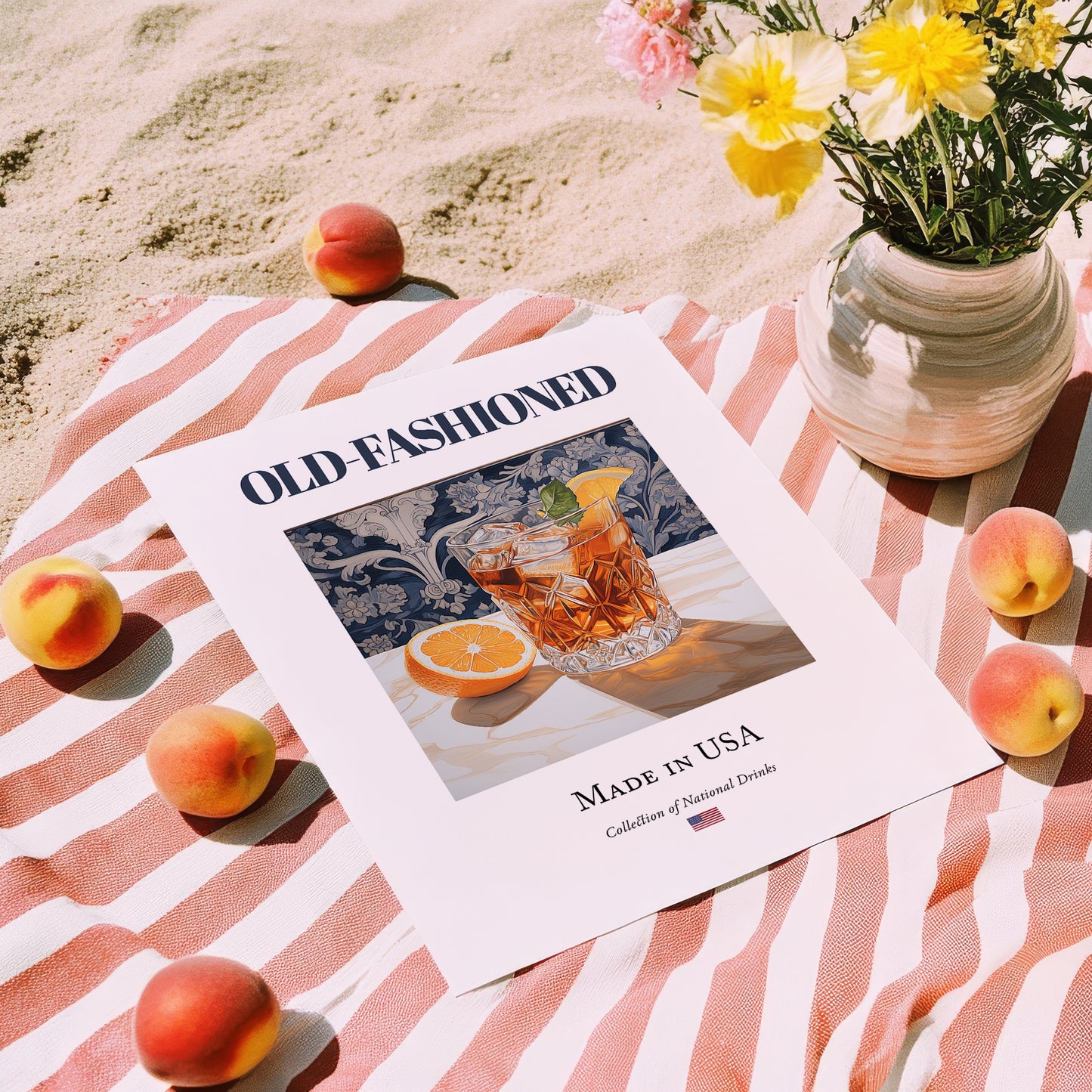 Old-Fashioned – American Cocktail Drink, Hotel Lobby Wall Art, unframed on coastal sand