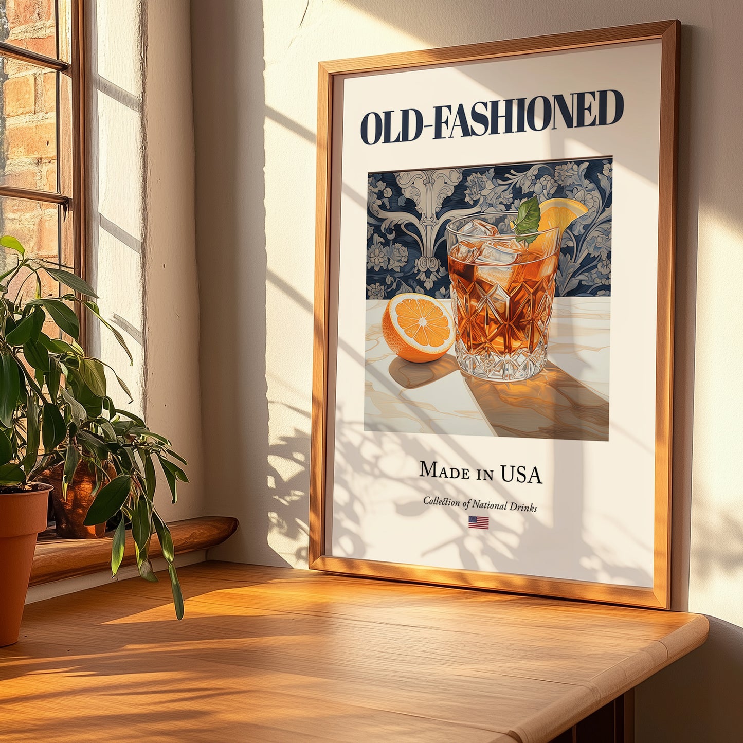 Old-Fashioned – American Cocktail Drink, Hotel Lobby Wall Art, no-text version framed in wood