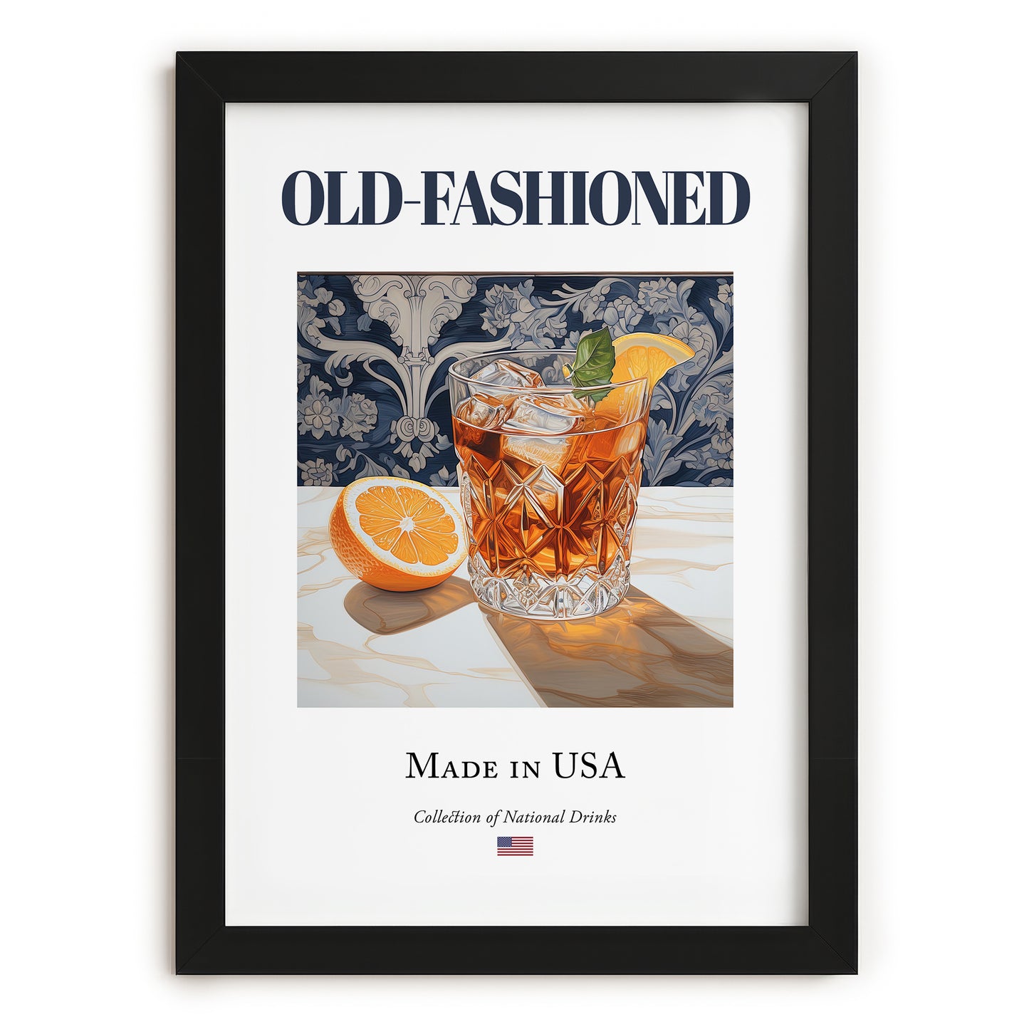 Old-Fashioned – American Cocktail Drink, Hotel Lobby Wall Art, in sleek black frame