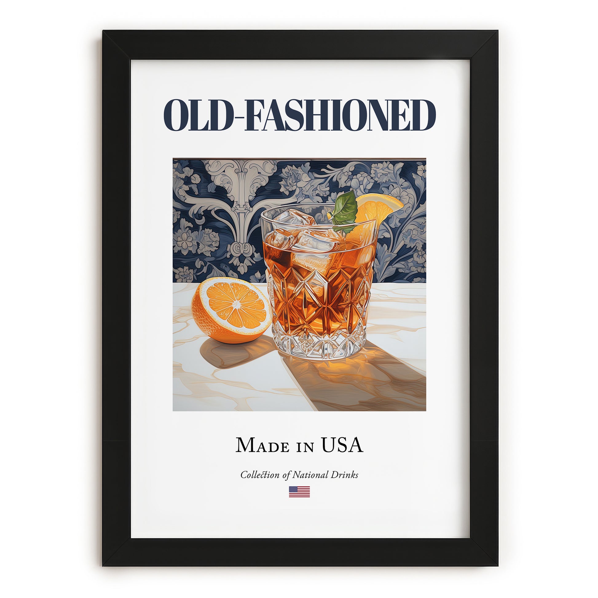 Old-Fashioned – American Cocktail Drink, Hotel Lobby Wall Art, in sleek black frame