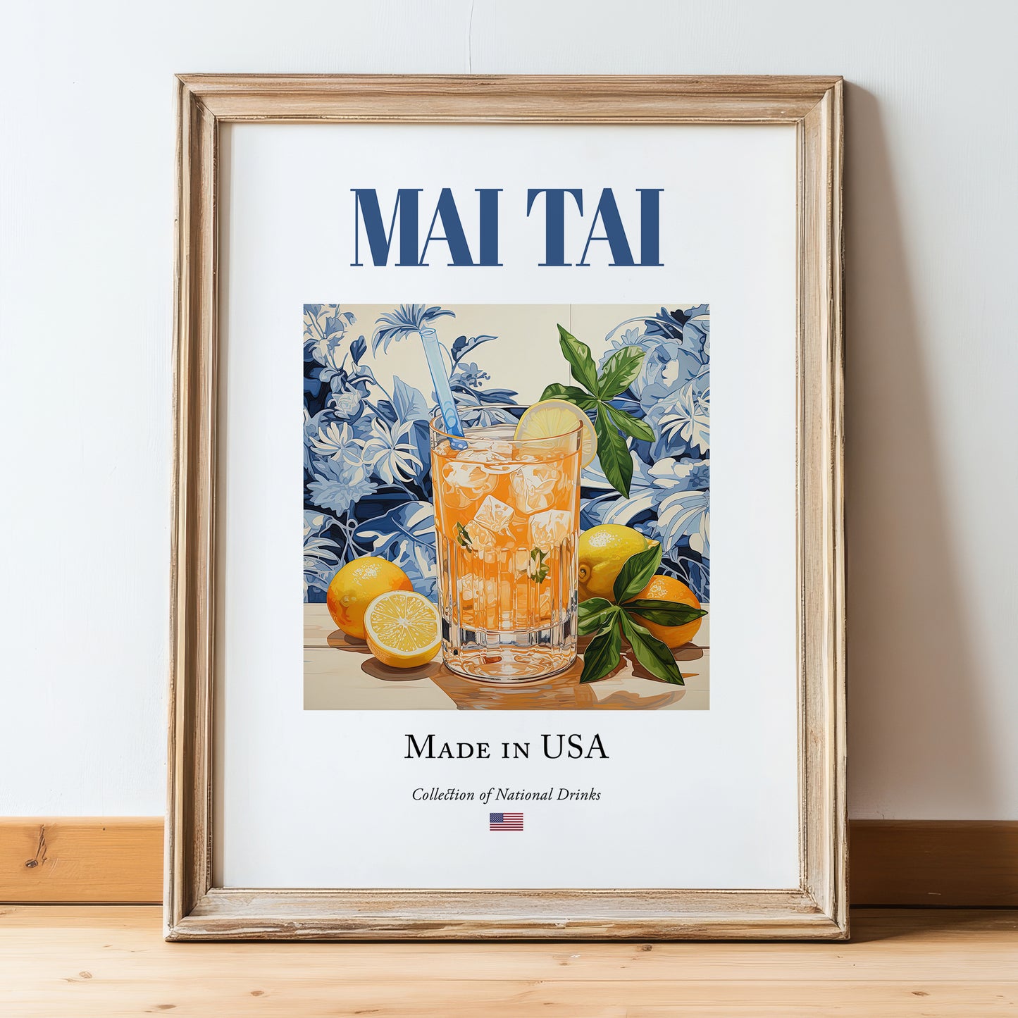 Mai Tai – American Cocktail Drink, Cocktail Lounge Wall Art, in wooden frame leaning on the floor
