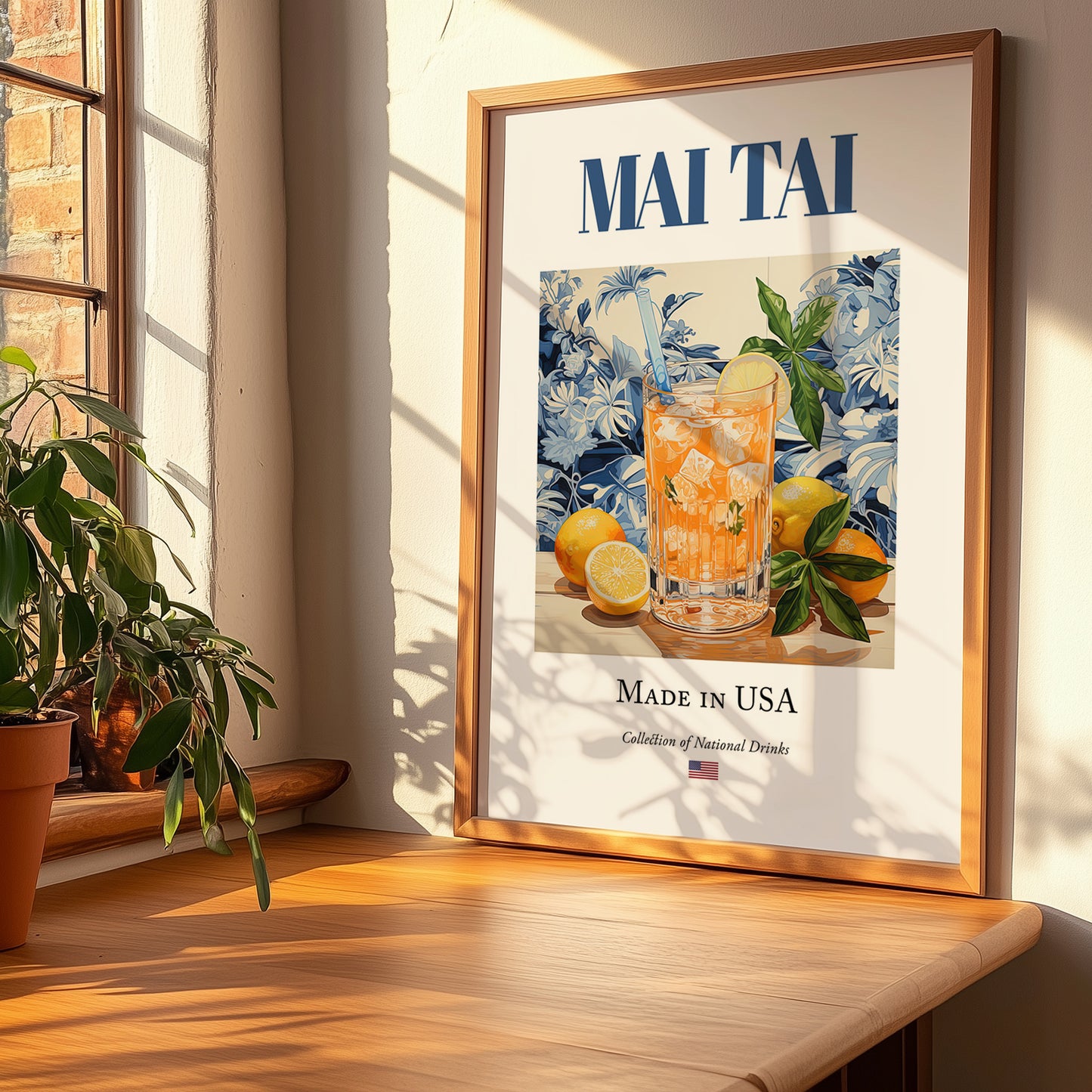 Mai Tai – American Cocktail Drink, Cocktail Lounge Wall Art, no-text version framed in wood