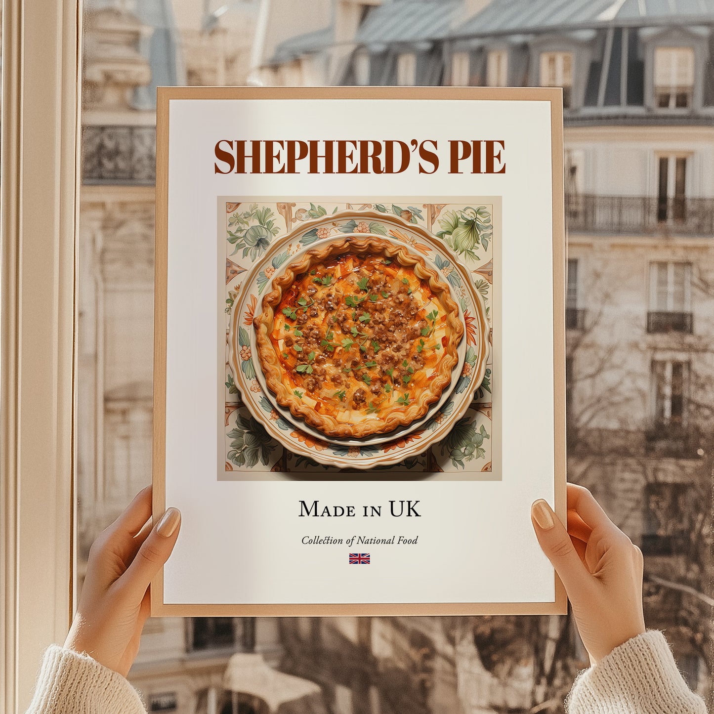 Shepherd's Pie – English Dish, Brasserie Illustration, styled in a charming Paris street view
