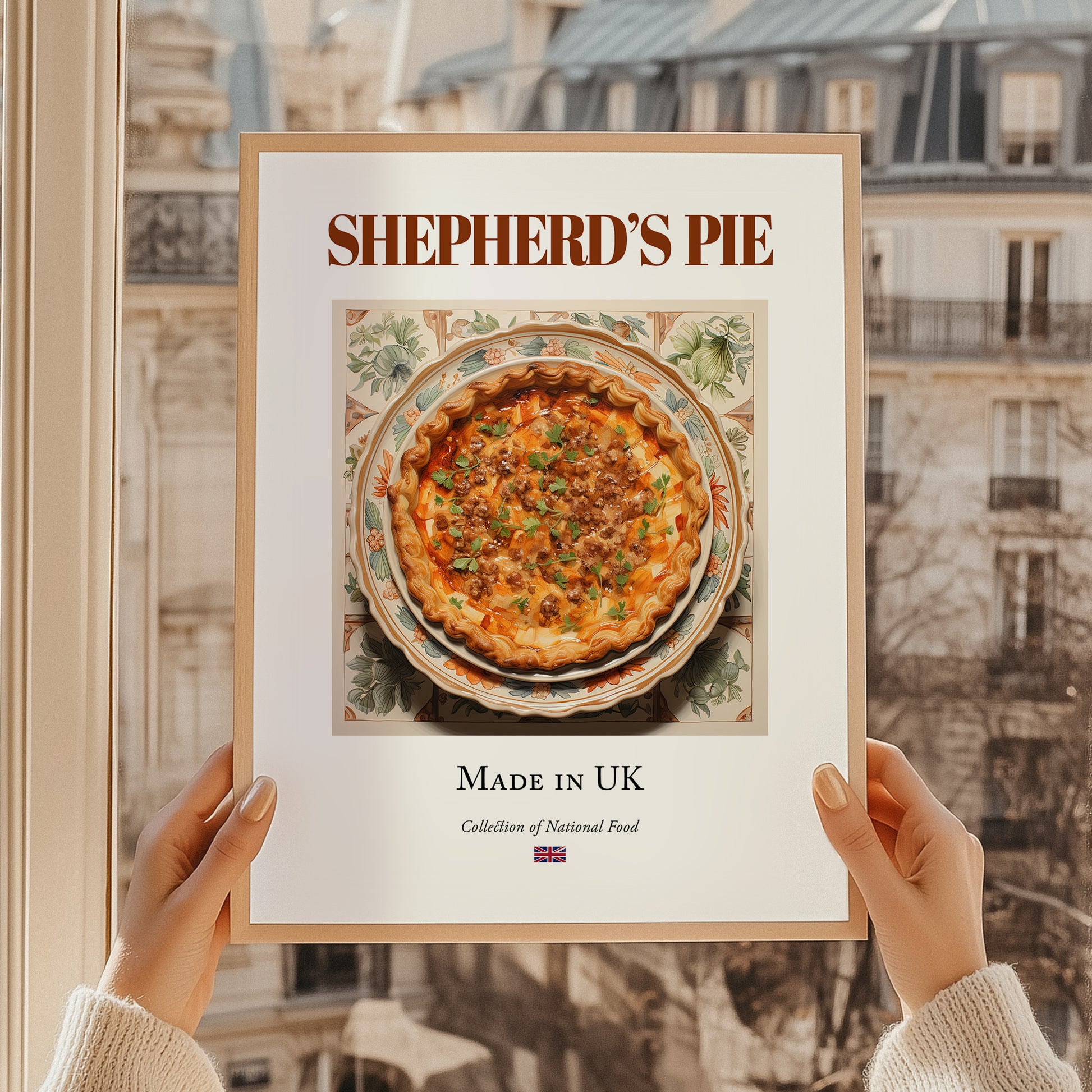 Shepherd's Pie – English Dish, Brasserie Illustration, styled in a charming Paris street view
