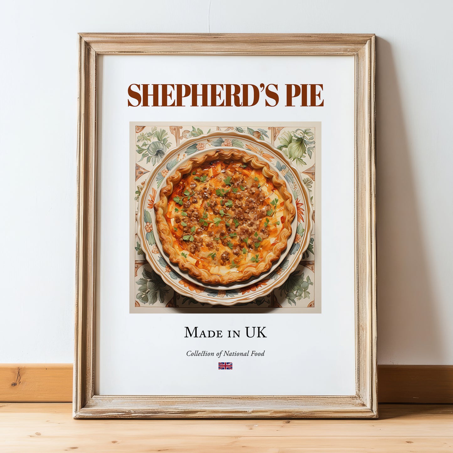 Shepherd's Pie – English Dish, Brasserie Illustration, in wooden frame leaning on the floor