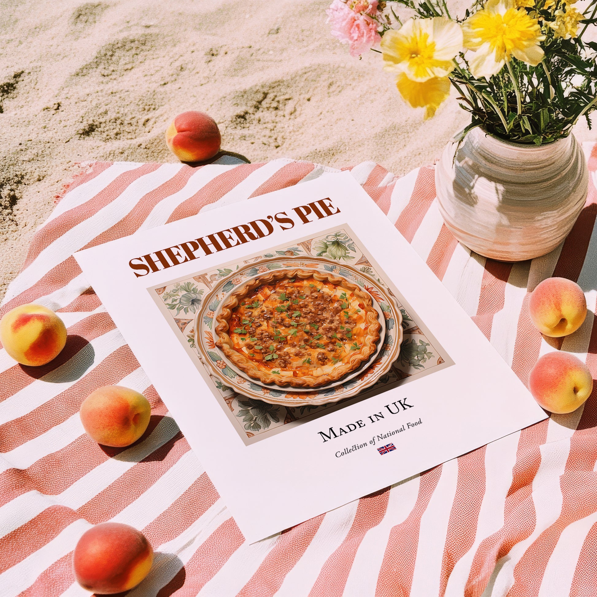 Shepherd's Pie – English Dish, Brasserie Illustration, unframed on coastal sand