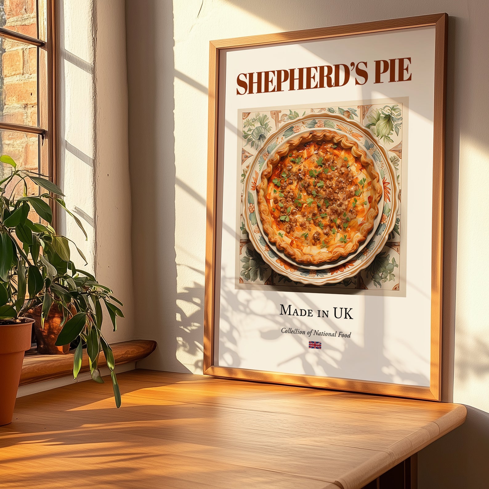 Shepherd's Pie – English Dish, Brasserie Illustration, no-text version framed in wood
