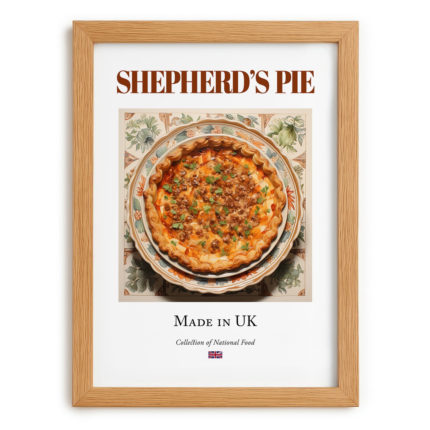 Shepherd's Pie – English Dish, Brasserie Illustration, set in oak frame