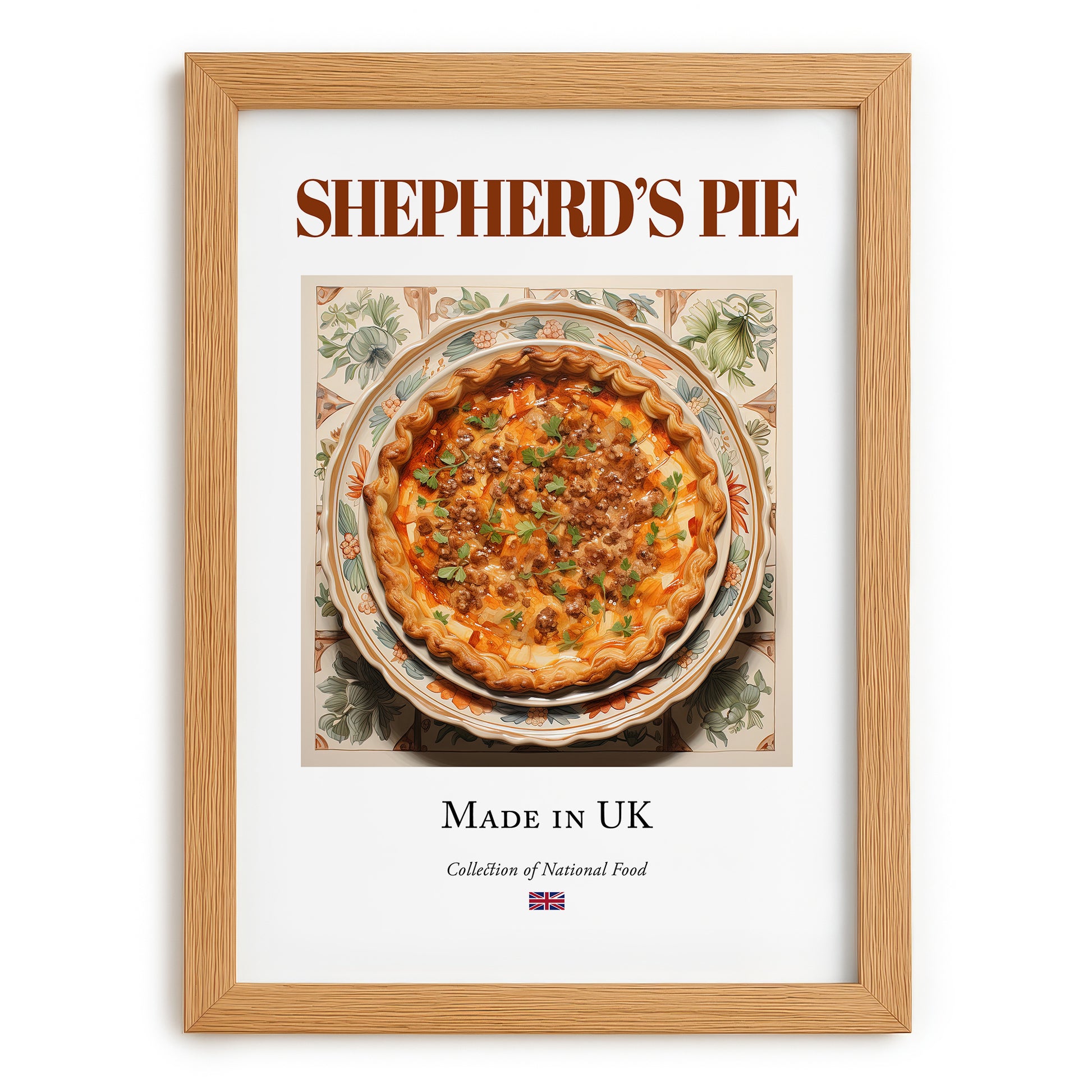 Shepherd's Pie – English Dish, Brasserie Illustration, set in oak frame