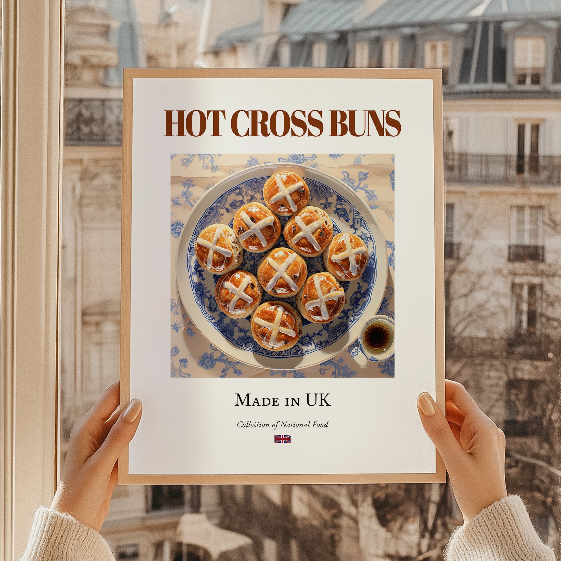 Hot Cross Buns – English Dessert Dish, Café Painting, styled in a charming Paris street view