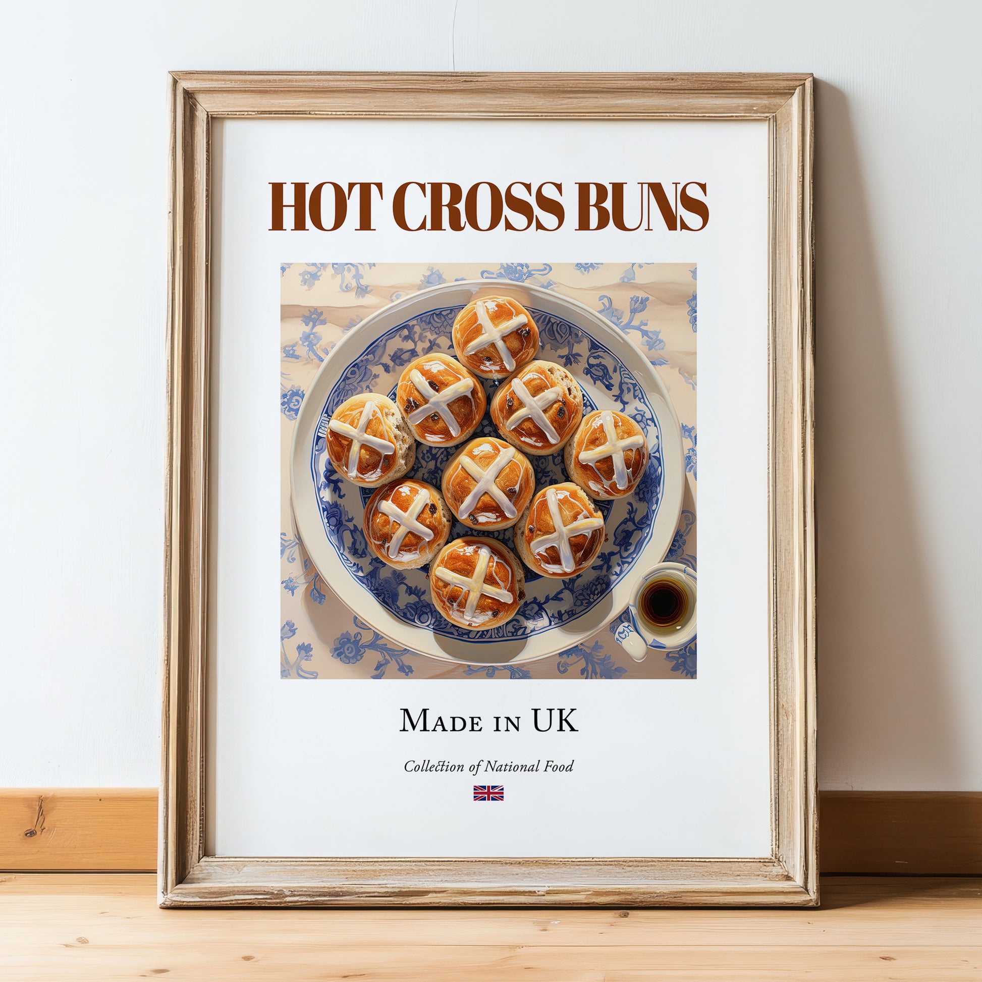 Hot Cross Buns – English Dessert Dish, Café Painting, in wooden frame leaning on the floor