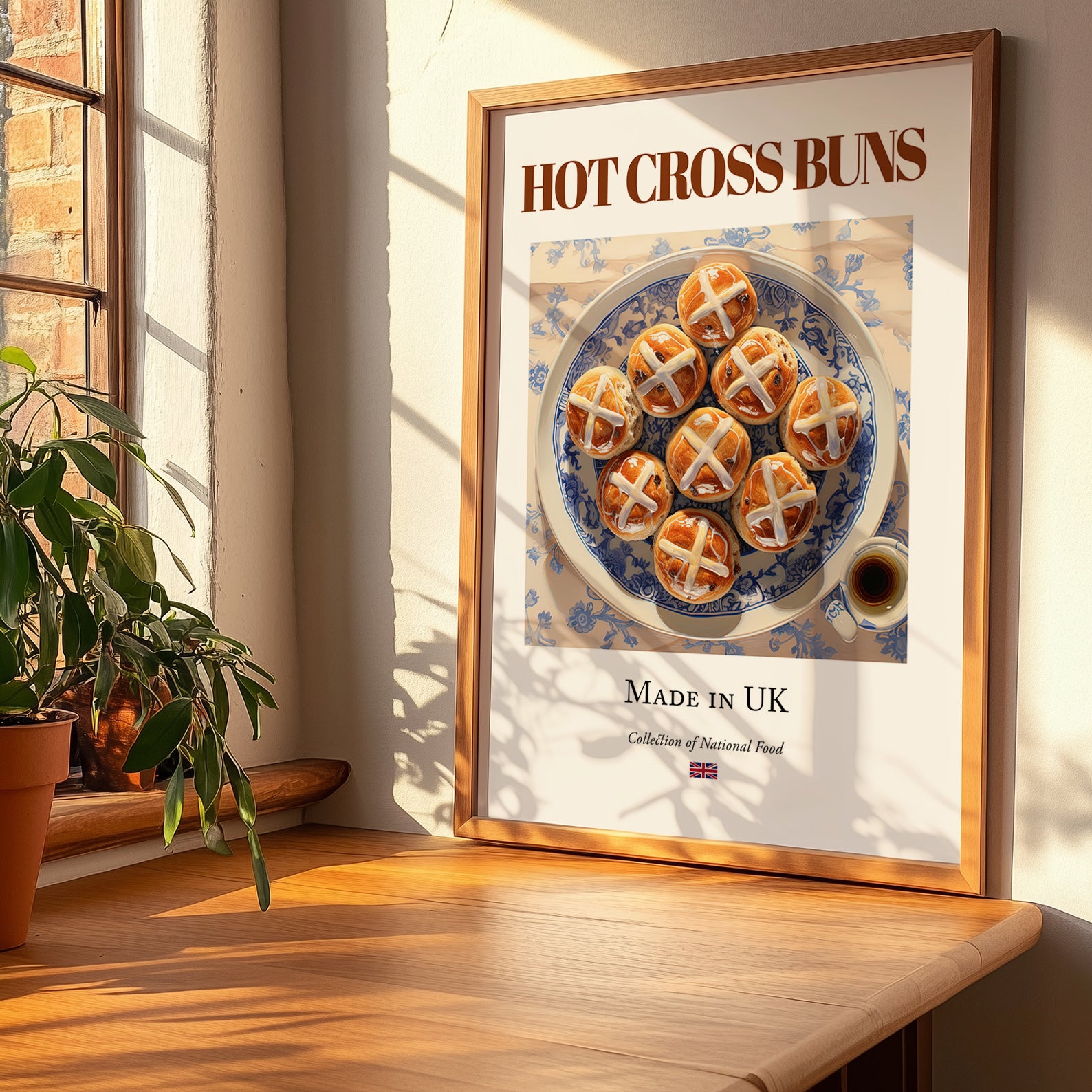 Hot Cross Buns – English Dessert Dish, Café Painting, no-text version framed in wood