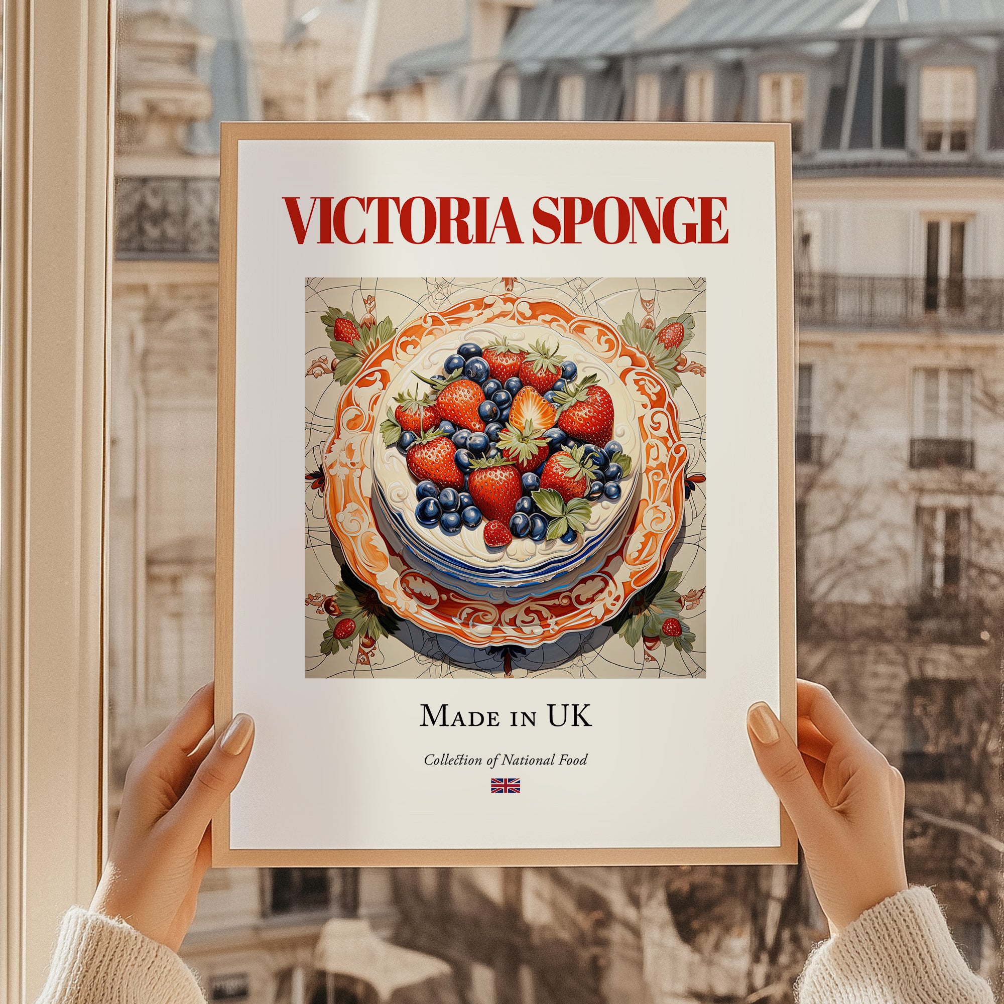 Victoria Sponge – English Dessert Dish, Fine Dining Restaurant Poster, styled in a charming Paris street view
