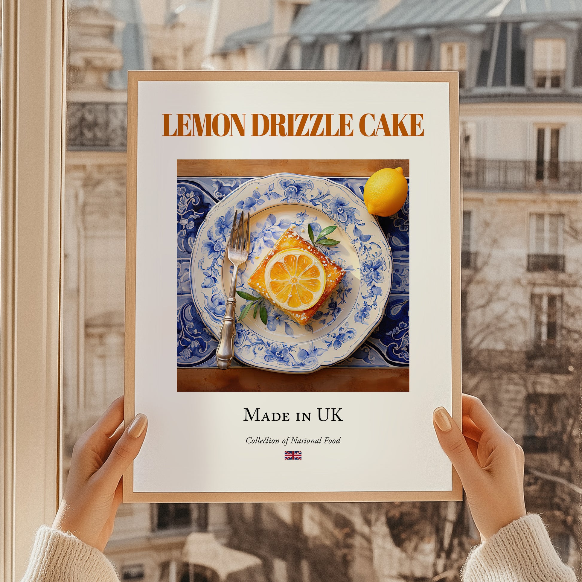 Lemon Drizzle Cake – English Dessert Dish, Brasserie Wall Art, styled in a charming Paris street view