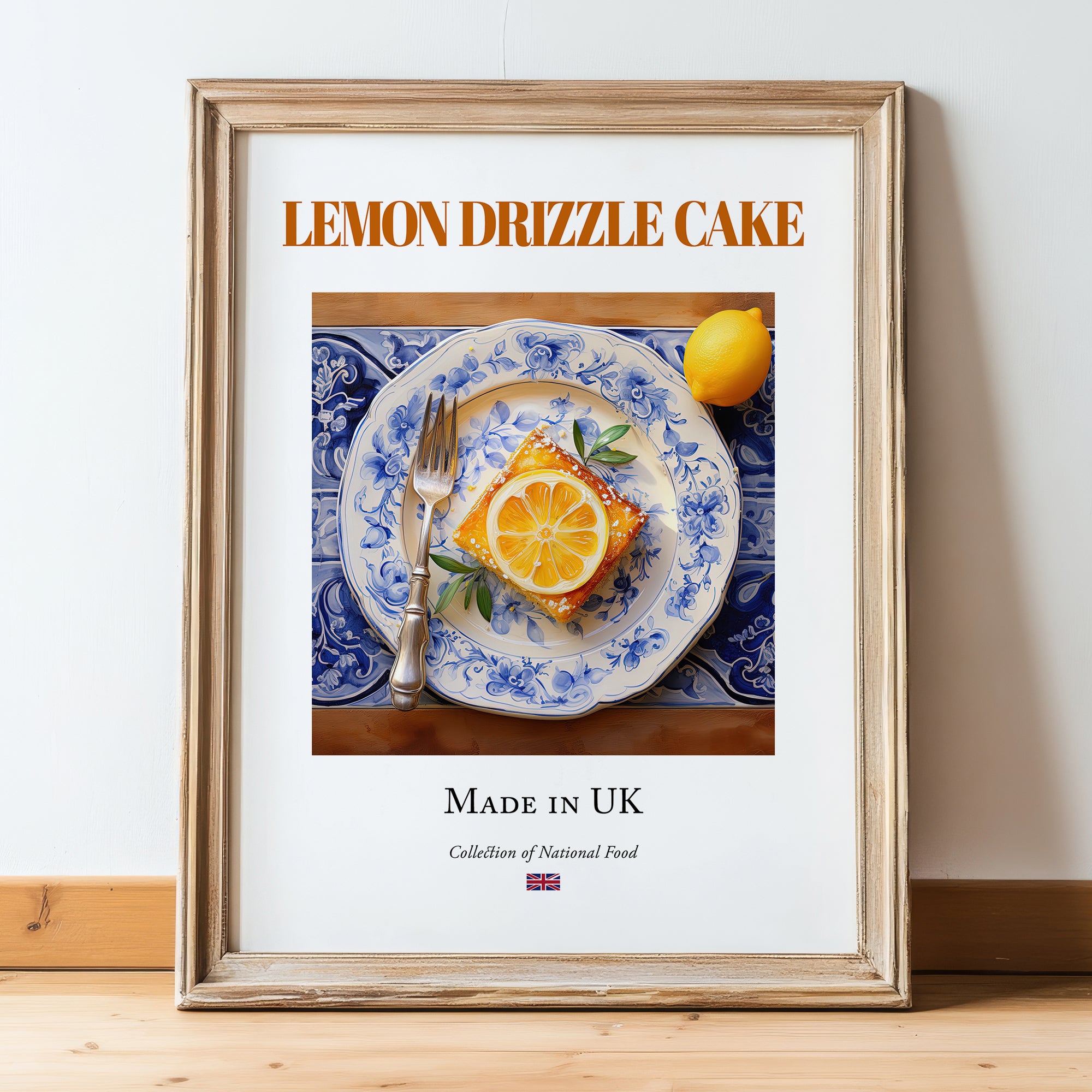 Lemon Drizzle Cake – English Dessert Dish, Brasserie Wall Art, in wooden frame leaning on the floor