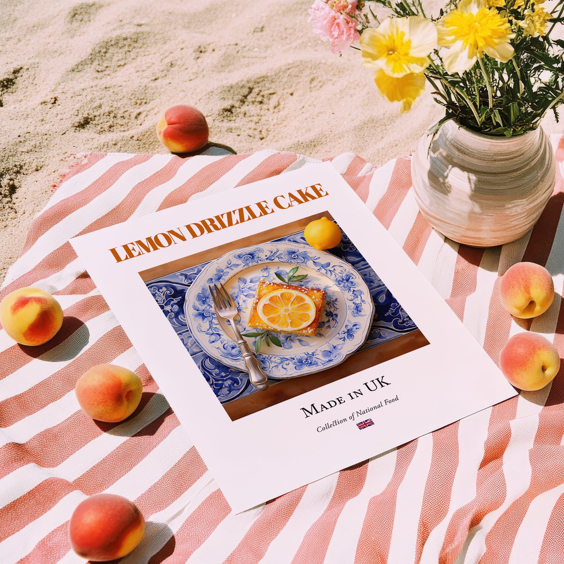 Lemon Drizzle Cake – English Dessert Dish, Brasserie Wall Art, unframed on coastal sand
