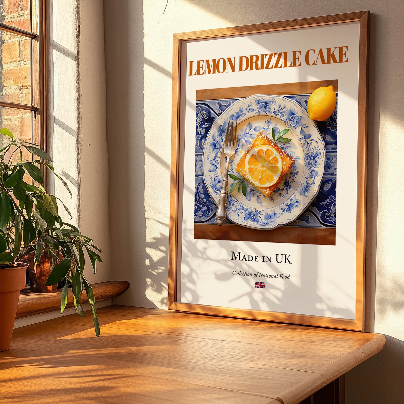 Lemon Drizzle Cake – English Dessert Dish, Brasserie Wall Art, no-text version framed in wood