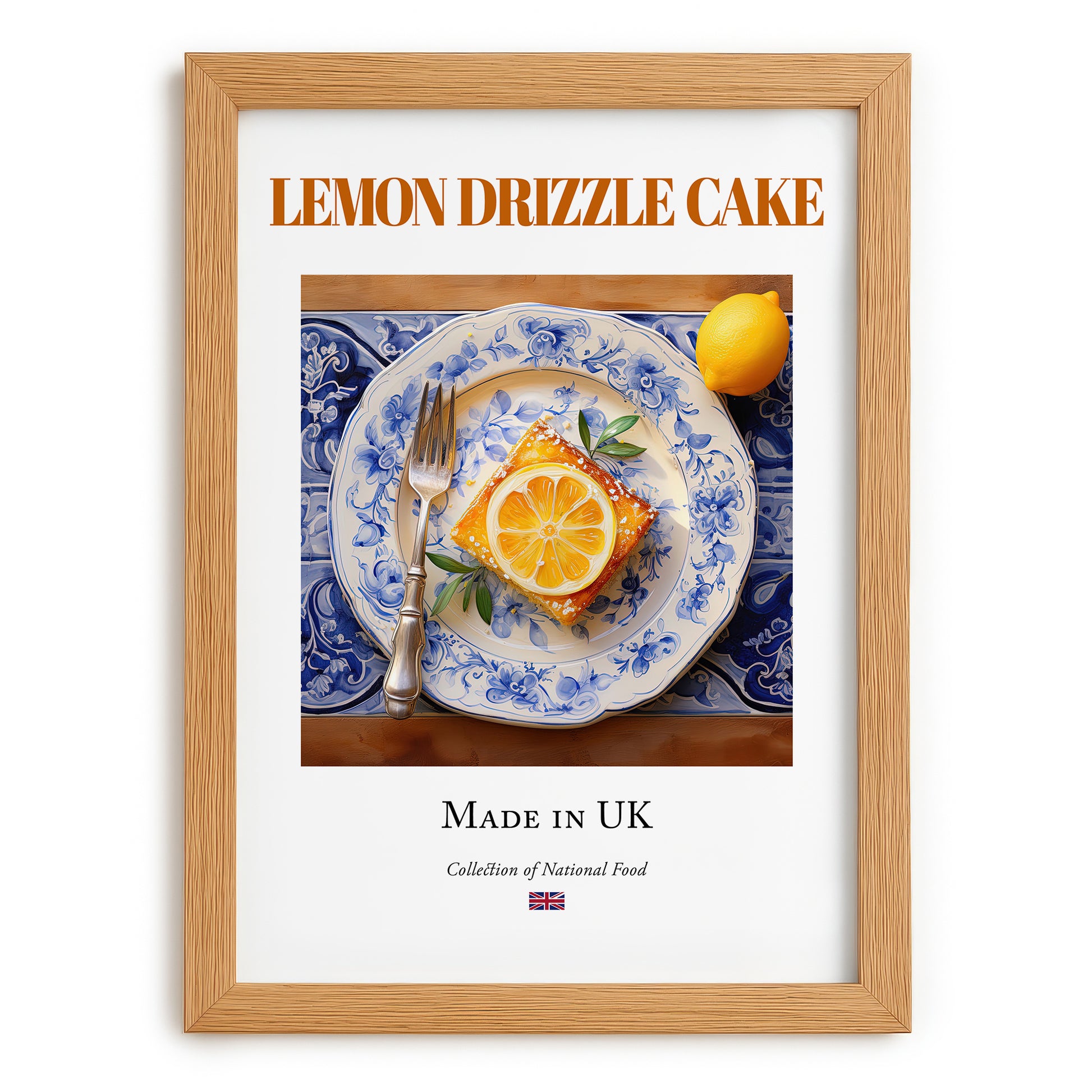 Lemon Drizzle Cake – English Dessert Dish, Brasserie Wall Art, set in oak frame