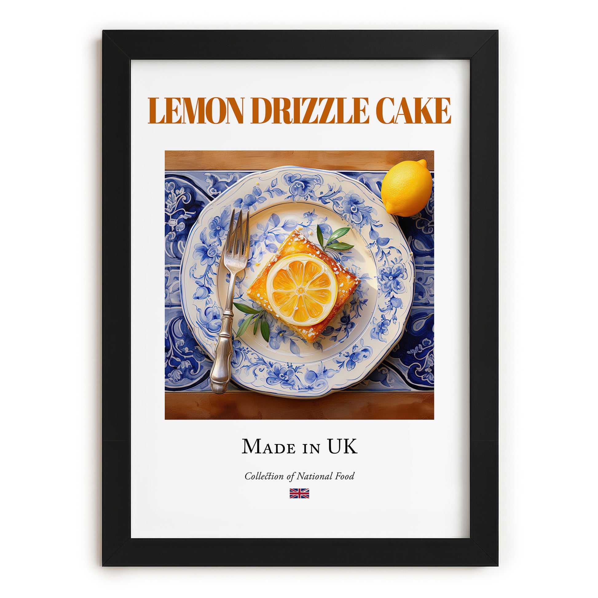 Lemon Drizzle Cake – English Dessert Dish, Brasserie Wall Art, in sleek black frame