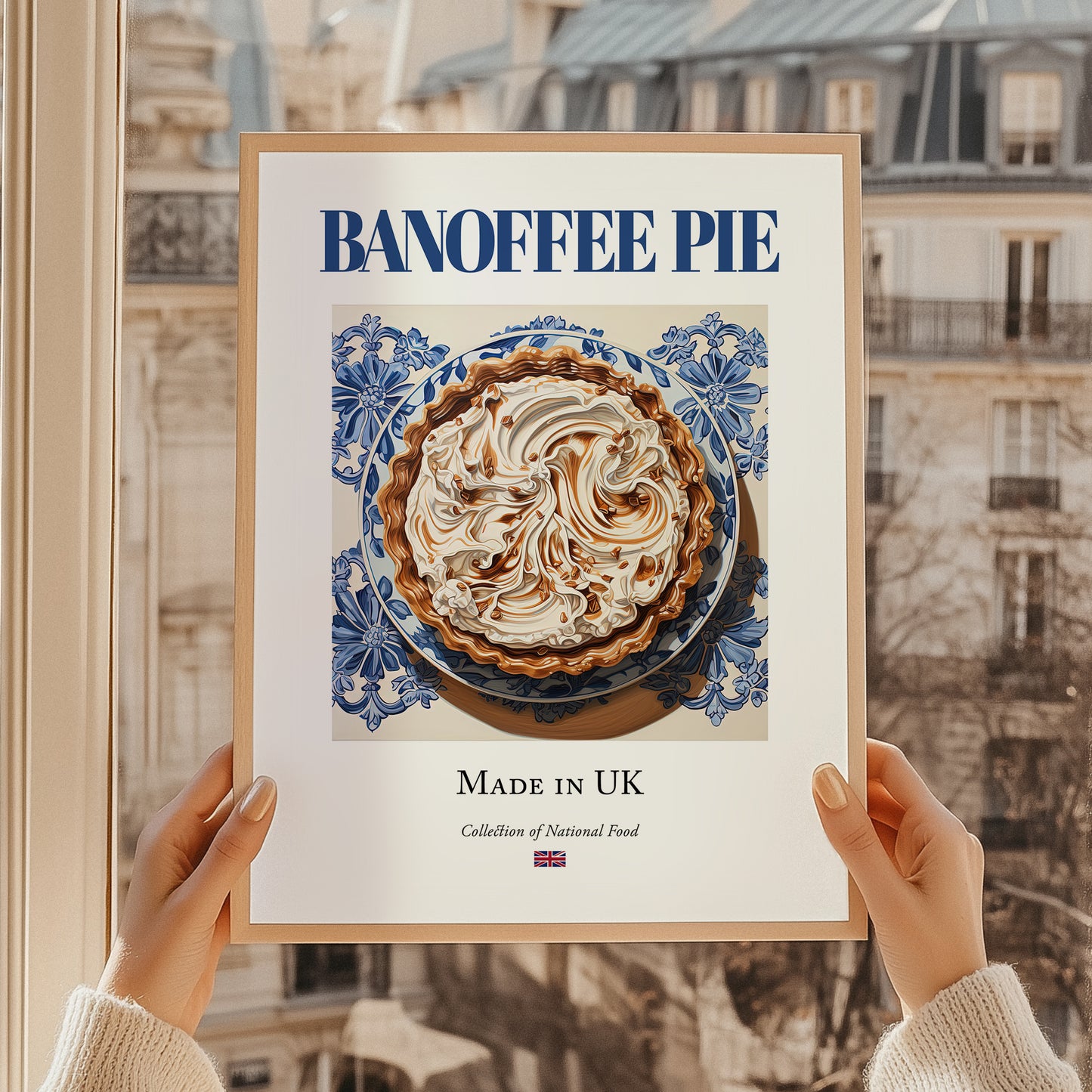 Banoffee Pie – English Dessert Dish, Bistro Poster, styled in a charming Paris street view