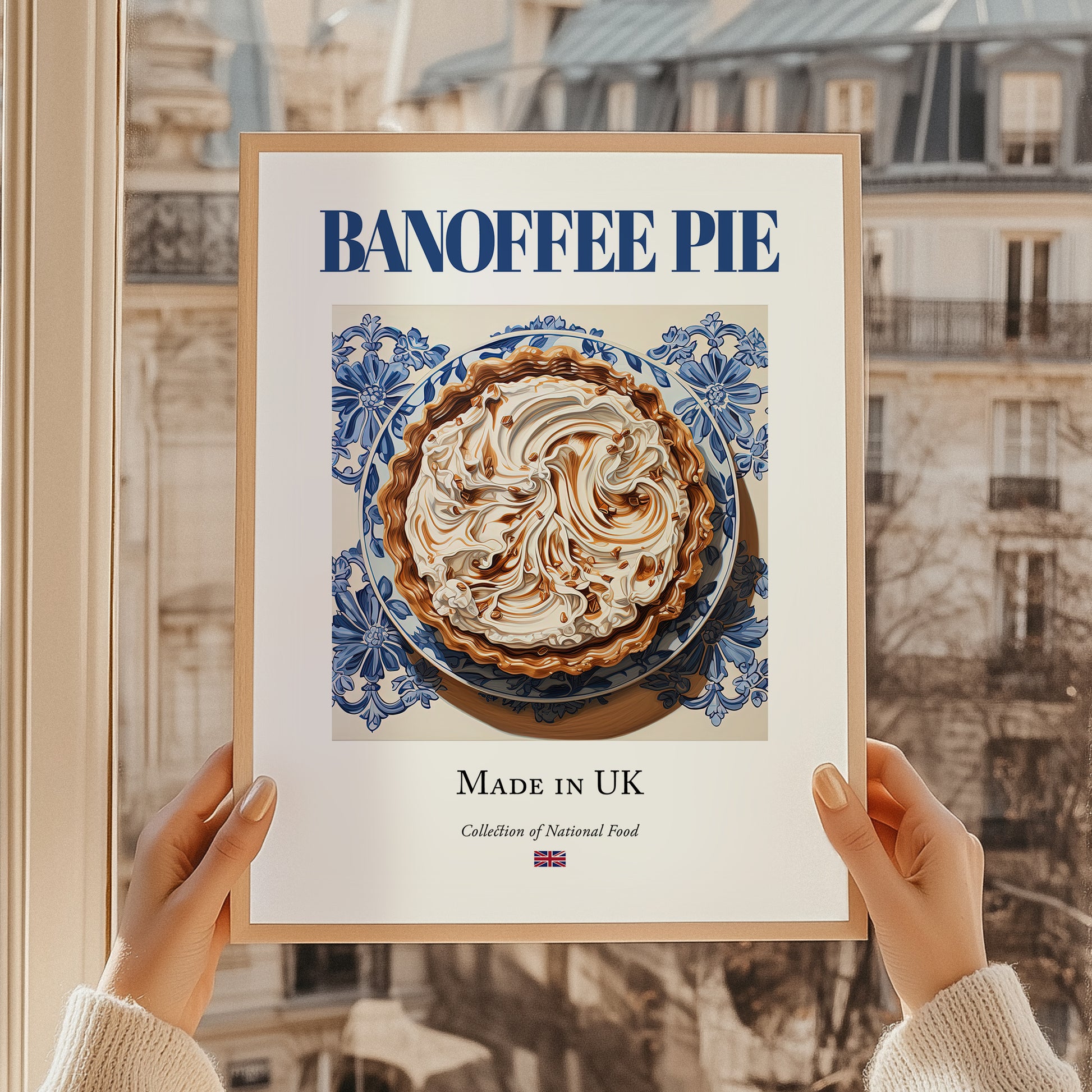 Banoffee Pie – English Dessert Dish, Bistro Poster, styled in a charming Paris street view