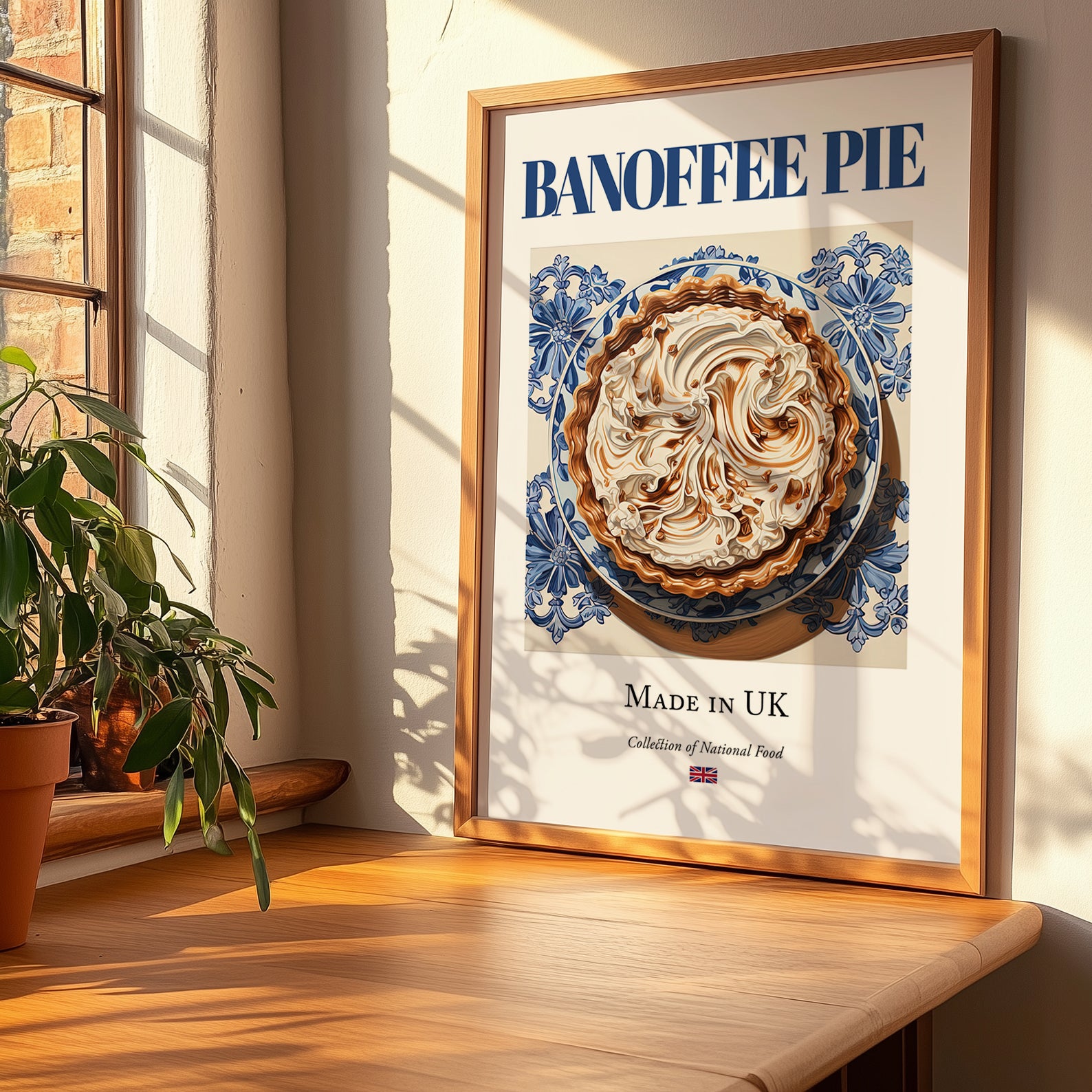 Banoffee Pie – English Dessert Dish, Bistro Poster, no-text version framed in wood